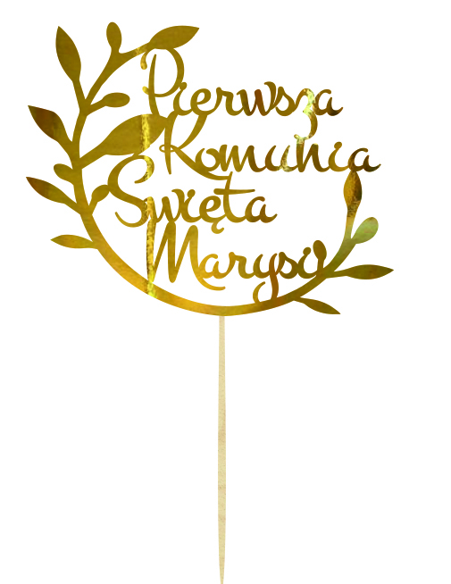 Topper napis na tort dekoracja na Komunię Świętą z imieniem w kolorze złotym z gałązkami