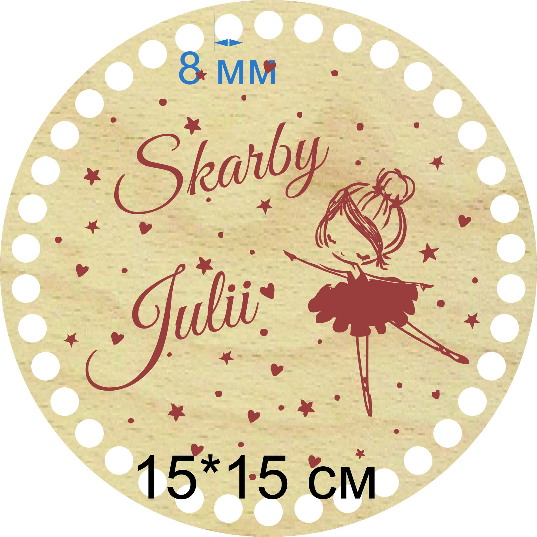 Baza dno koszyka koło 15cm, 8mm grawer nadruk Imię baletnica.