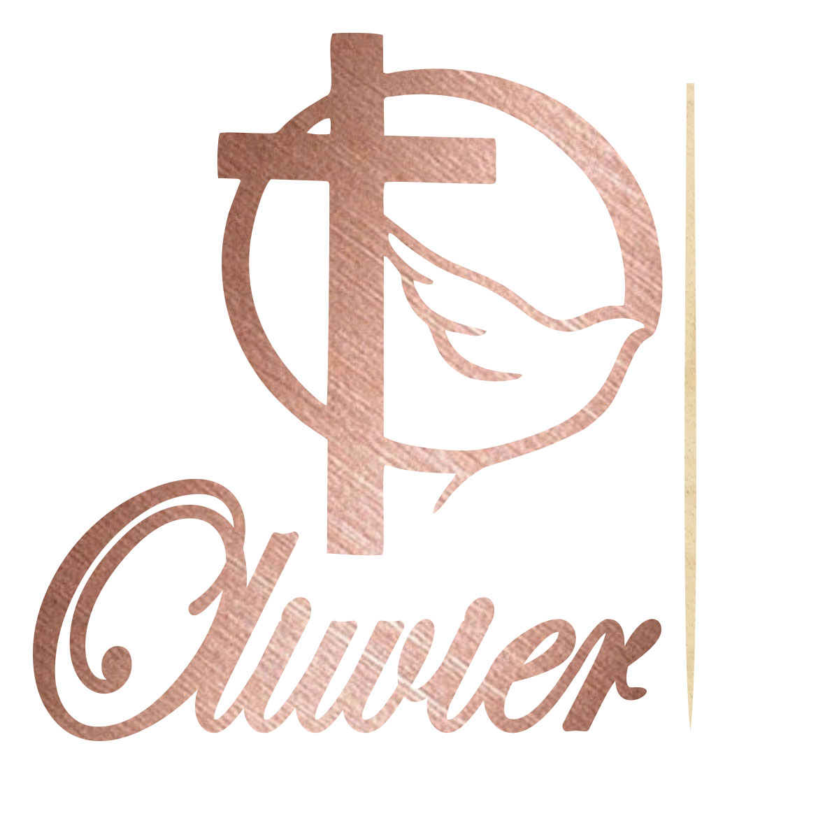 Topper dekoracja na bok tortu pik Pierwsza Komunia Święta gołąb rózowe złote lustro napis imię