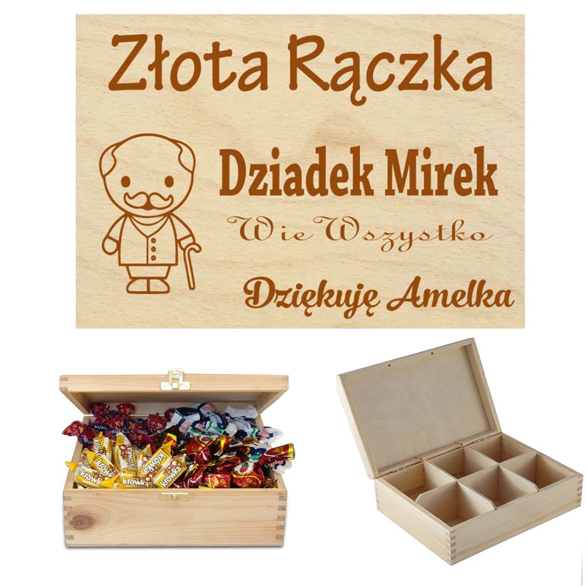 Prezent dla Dziadka drewniane pudełko na słodycze, czekoladki, cukierki, sprzęt wędkarski, niezbędnik na narzędzia, herbaciarka z grawerem Imię napis