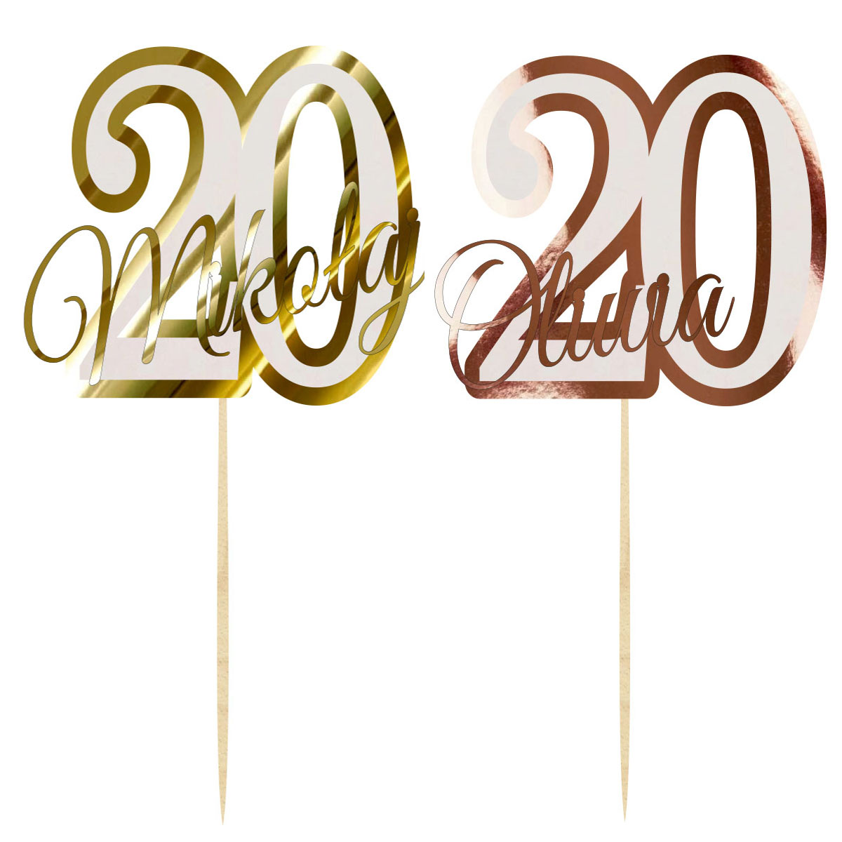 Topper urodzinowy cyferka liczba 20 z imieniem dekoracja na tort pik lustrzane złoto lub różowe złoto