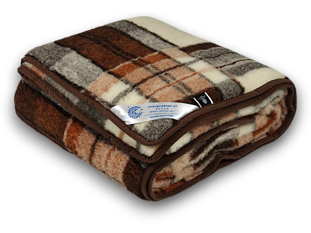 Koc wełniany 200x200 merynos australijski krata z czerwonym