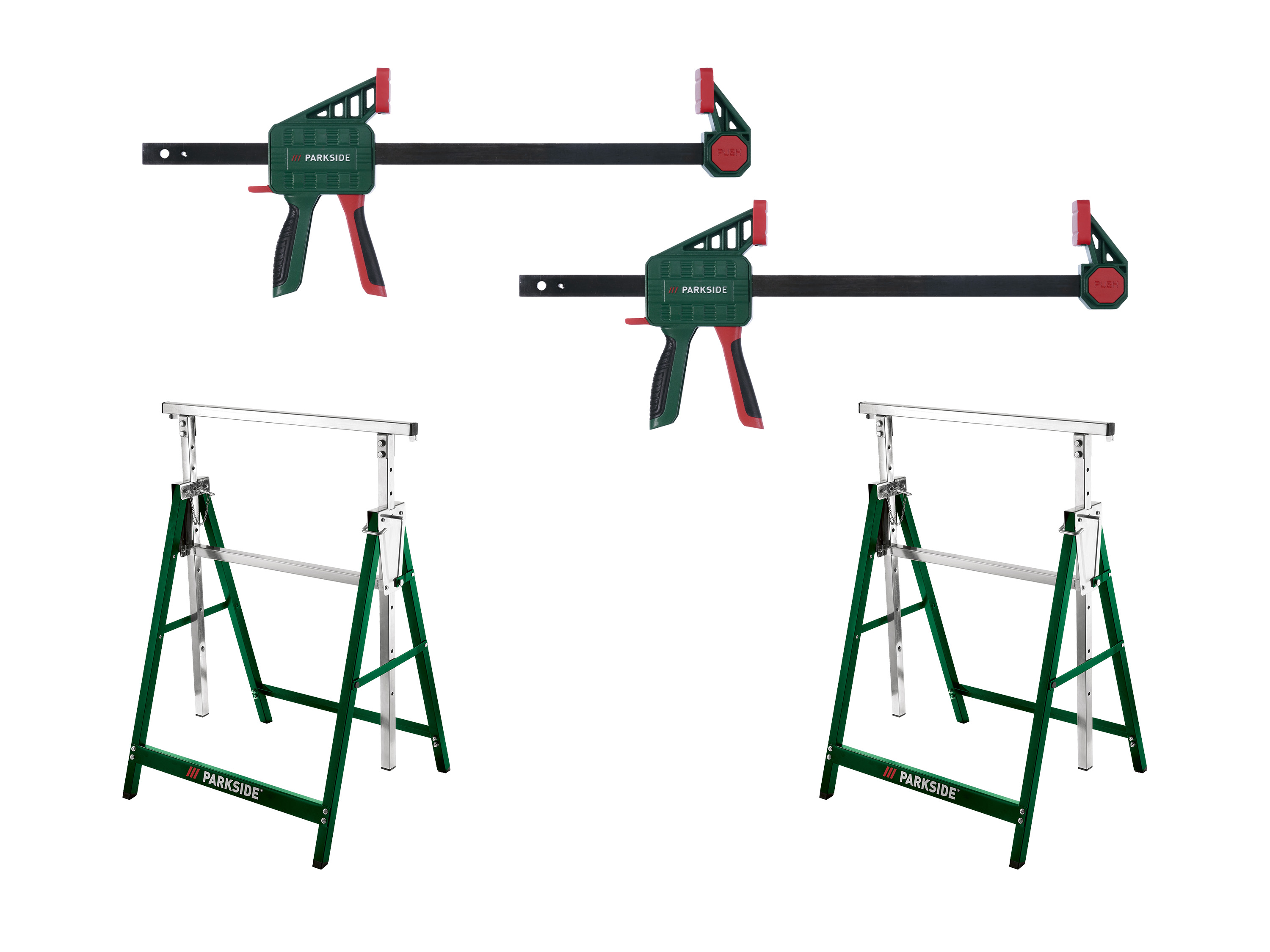 Parkside Zestaw 2 koziołków warsztatowych z regulacją wysokości z 2 ściskami szybkomocującymi, rozmiar L