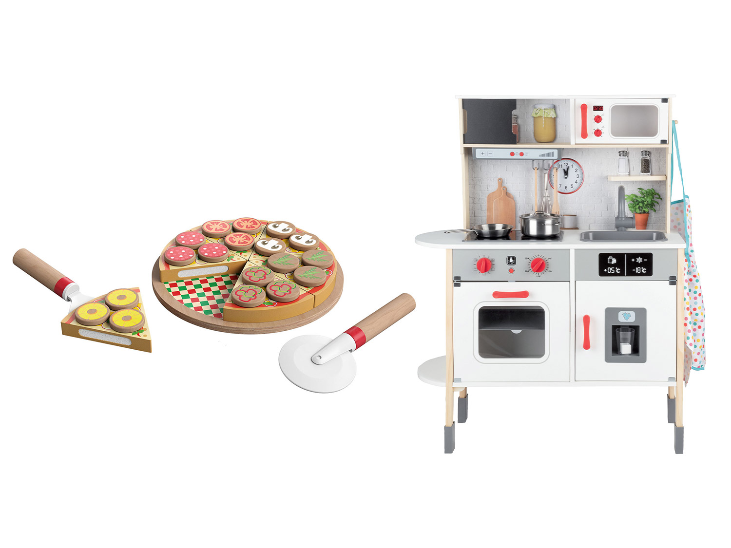 Kuchnia drewniana do zabawy z akcesoriami oraz zestawem pizzy z drewna, 1 zestaw