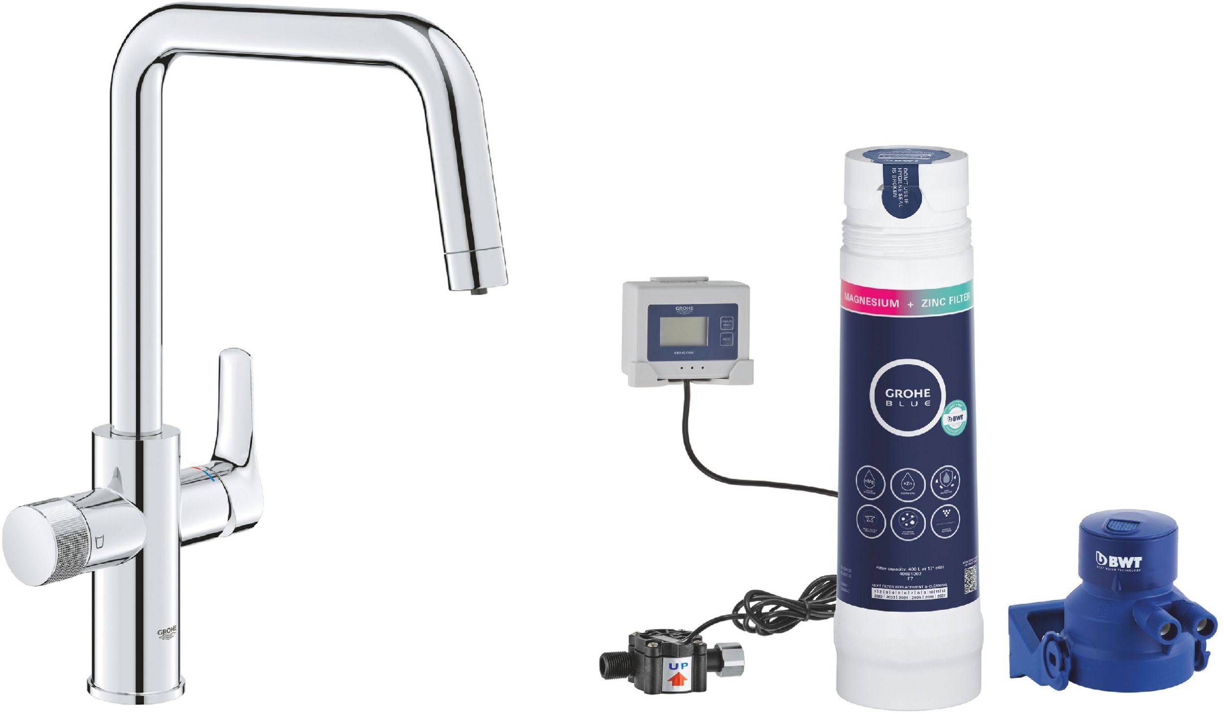 Darmowa Dostawa - Bateria kuchenna z filtrem stojąca starlight chrome Grohe Blue abset4597
