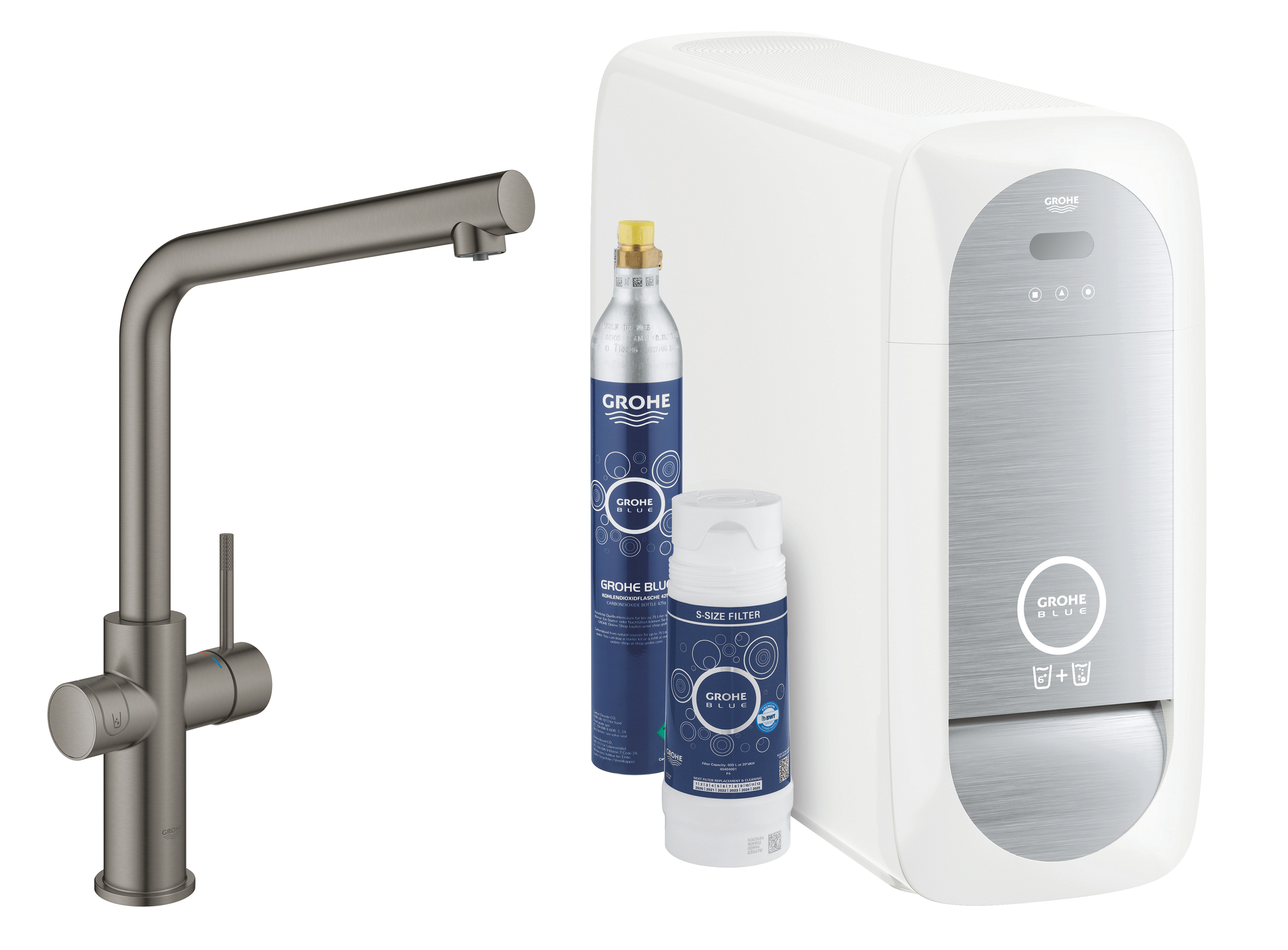 Darmowa Dostawa - Bateria kuchenna z filtrem stojąca brushed hard graphite Grohe Blue 31454AL1