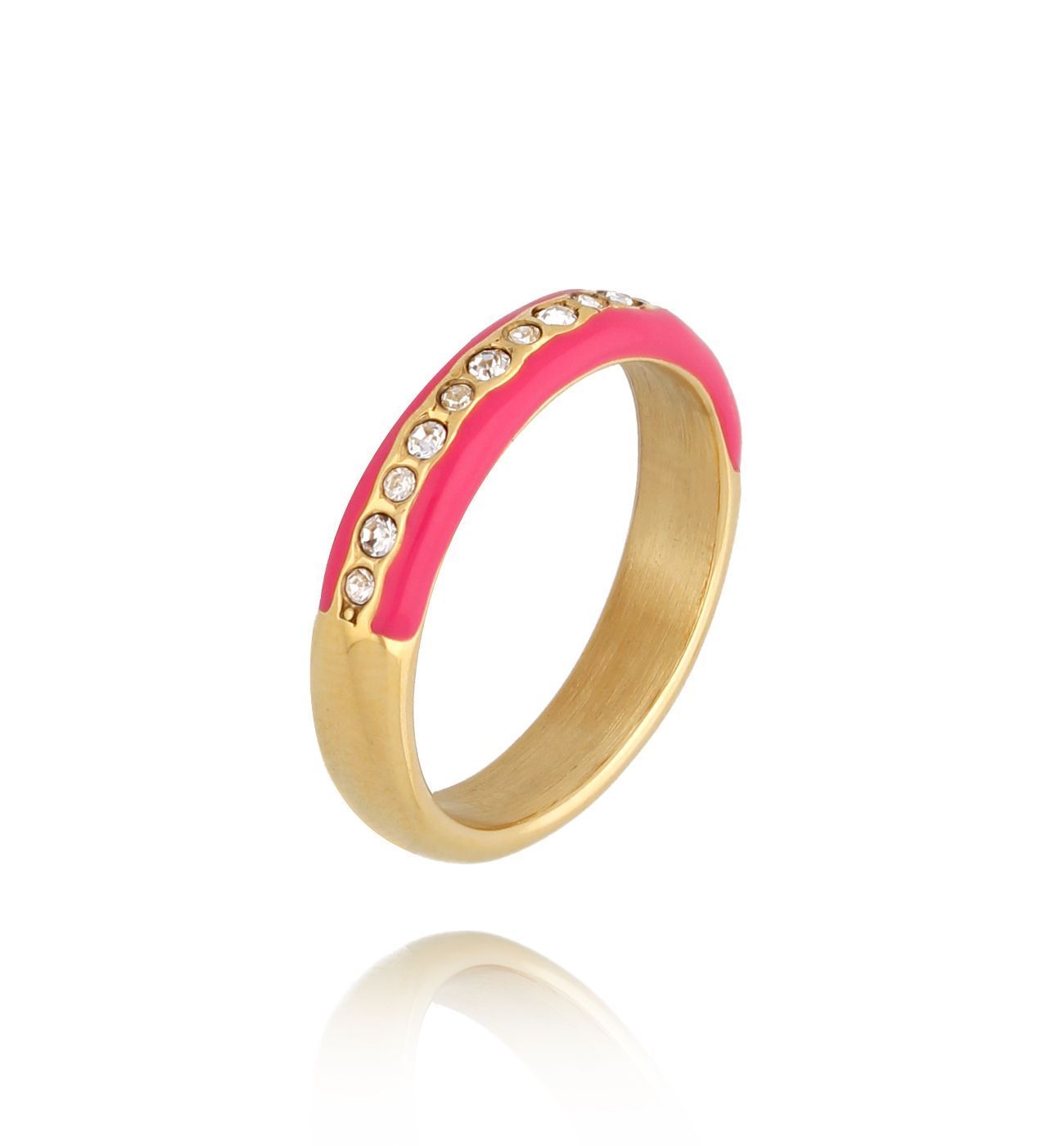 Pierścionek z cyrkoniami i fuksjową emalią Mori PSA0657