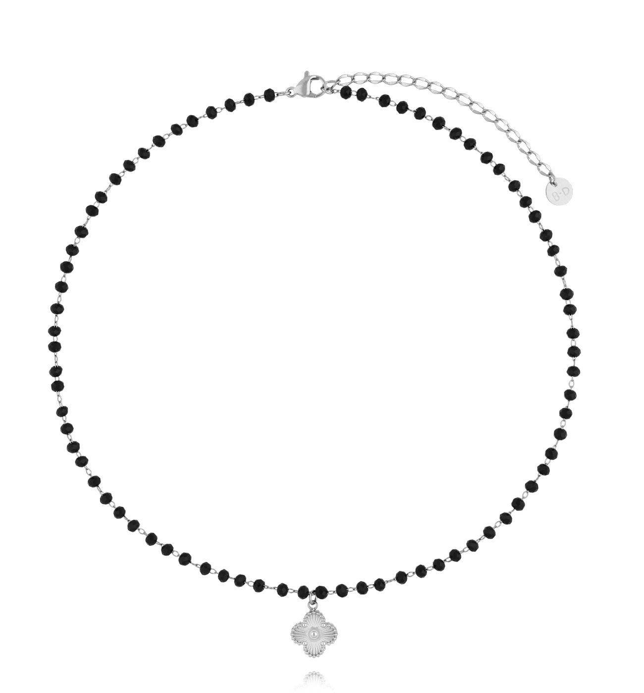 Naszyjnik z czarnymi turmalinami i srebrną koniczynką NSY0686