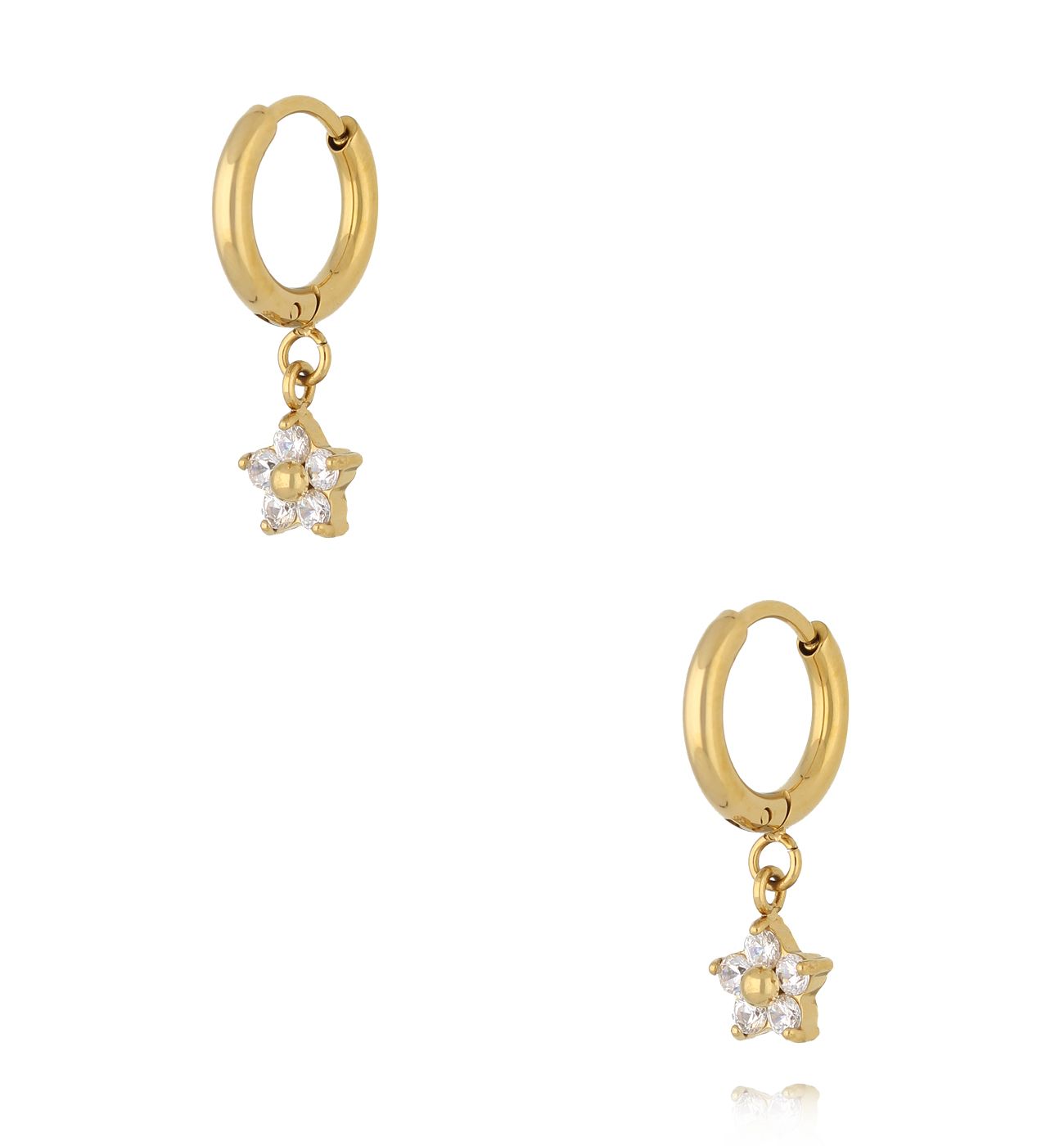 Kolczyki kółka ze złotą zawieszką w kształcie kwiatka z cyrkoniami - By Dziubeka