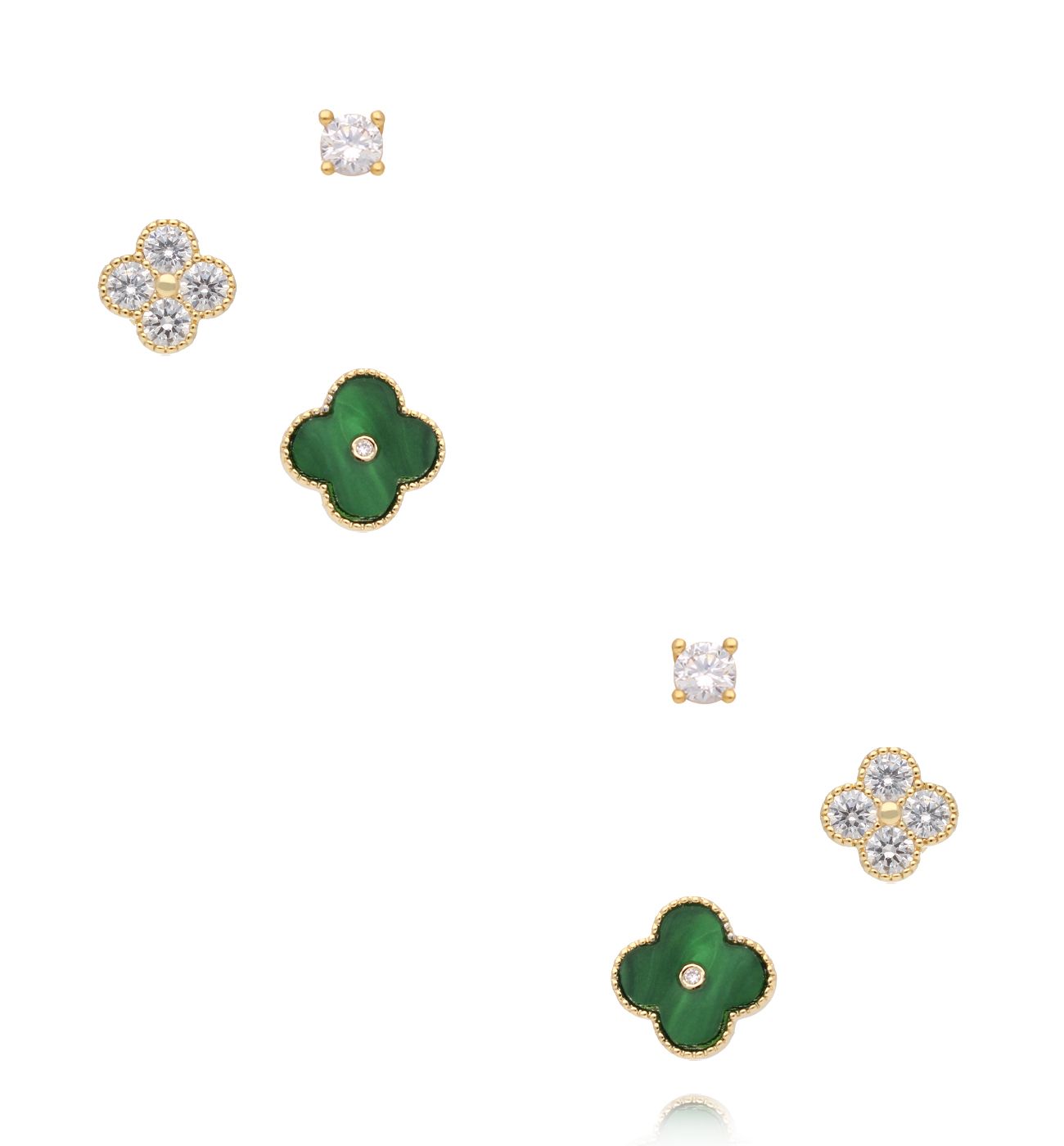 Zestaw kolczyków złoconych z koniczynką, cyrkoniami i zielonym akcentem KMB0004 - By Dziubeka