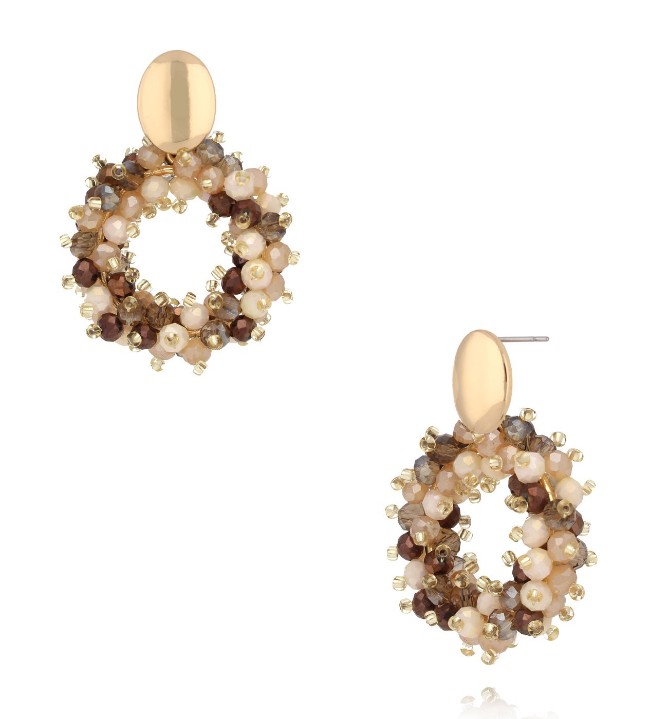 Kolczyki z brązowymi i beżowymi kryształkami okrągłe KWE0340 - By Dziubeka
