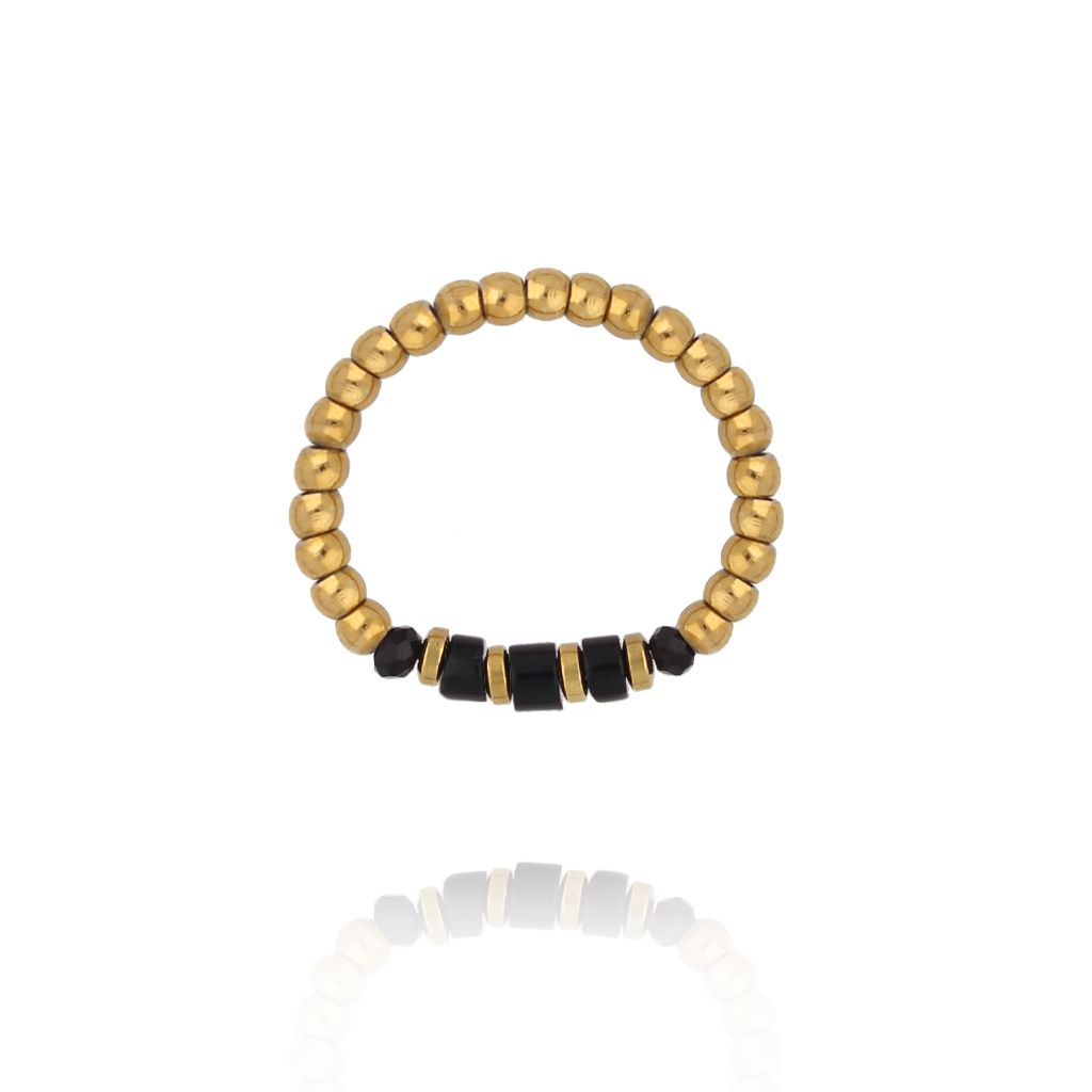 Pierścionek elastyczny ze złotych kuleczek z czarnym agatem PTW0627