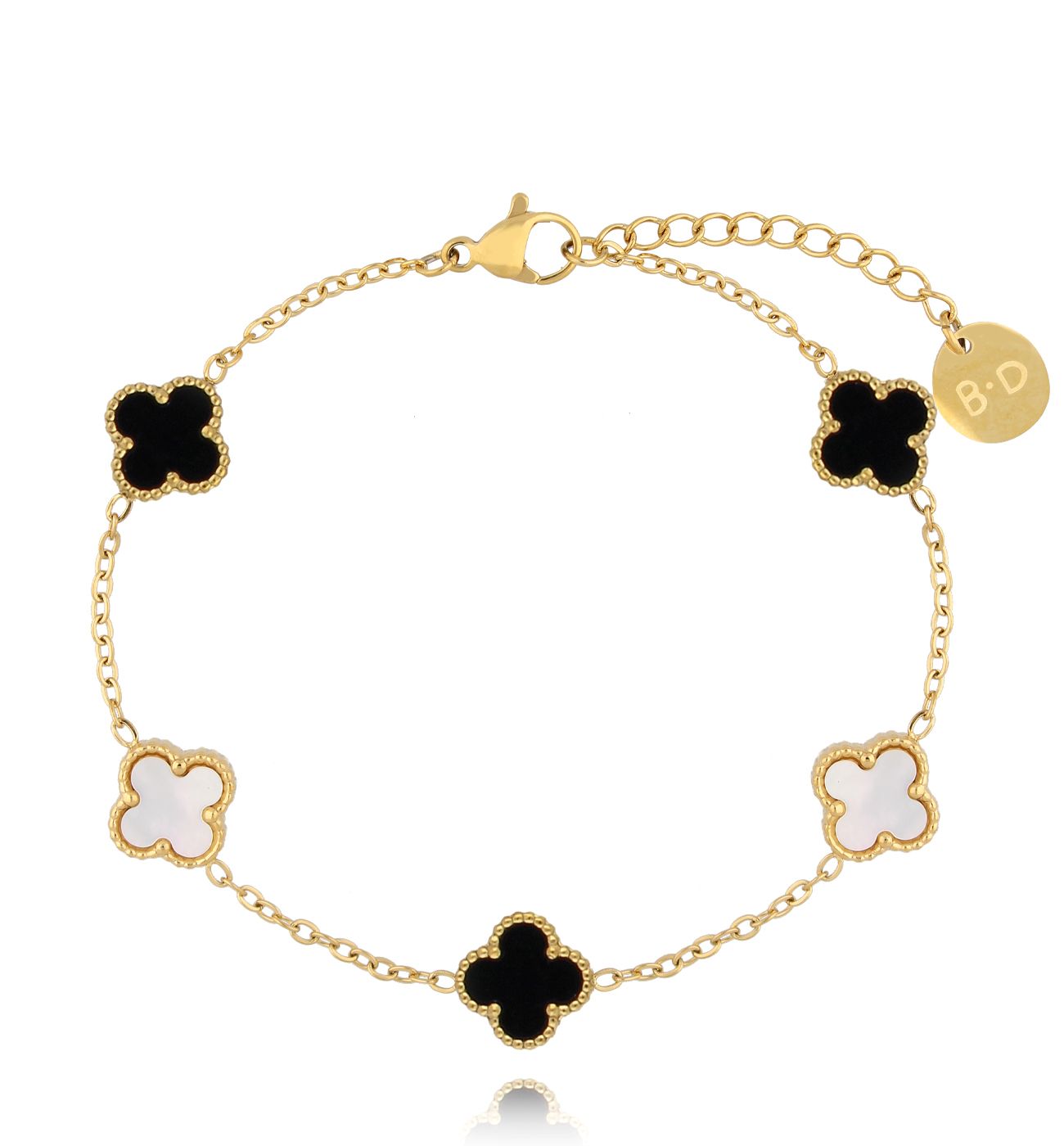 Bransoletka z białymi i czarnymi koniczynkami Clovers BSY0035