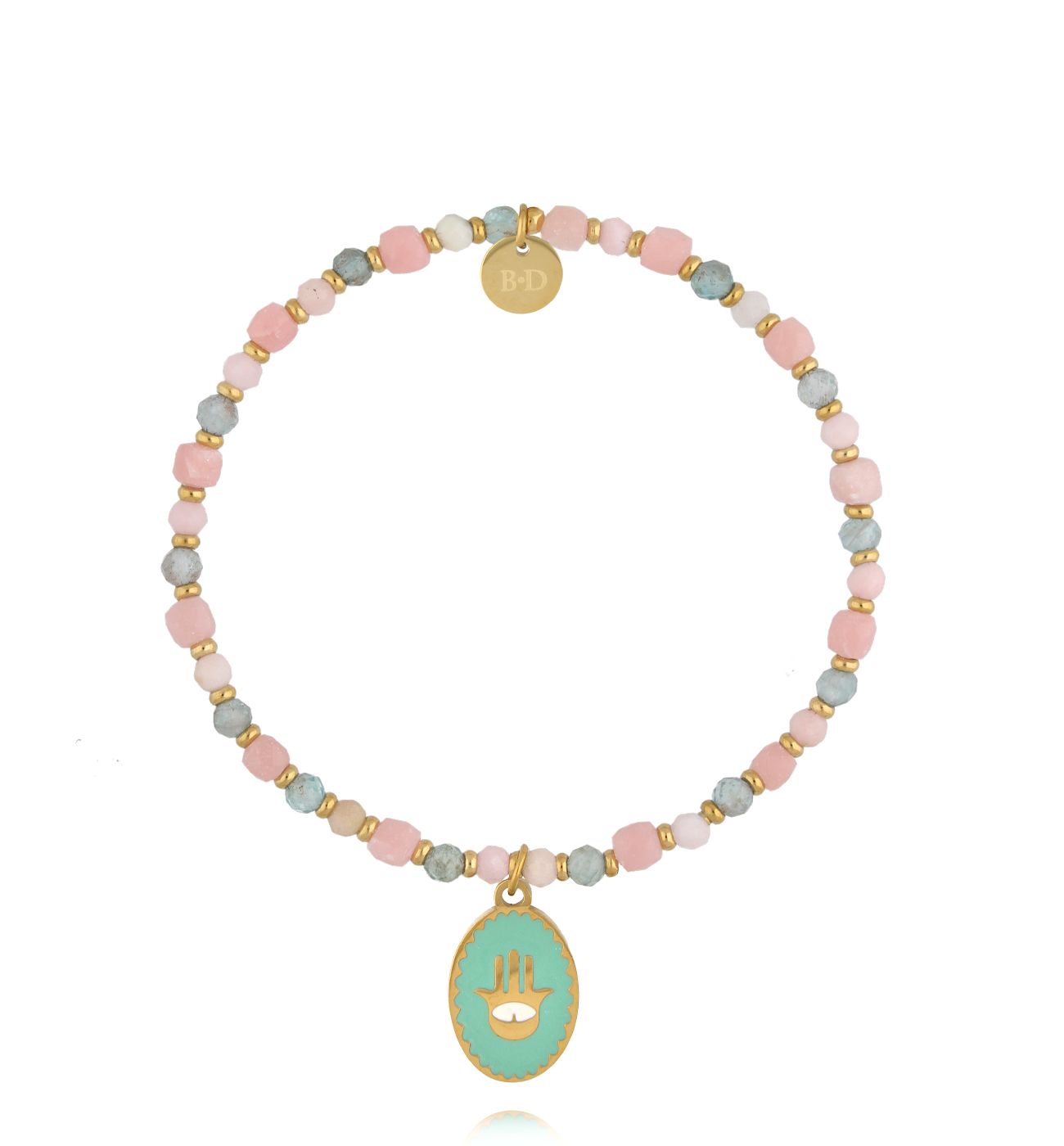 Bransoletka z opalu różowego i apatytu z zawieszką Hamsa - By Dziubeka