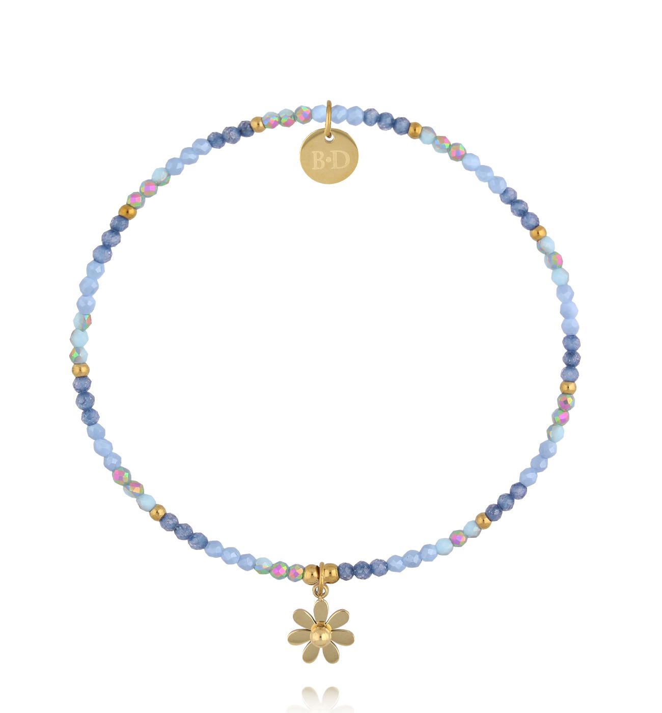 Bransoletka z niebieskich kryształków z zawieszką kwiatka - By Dziubeka