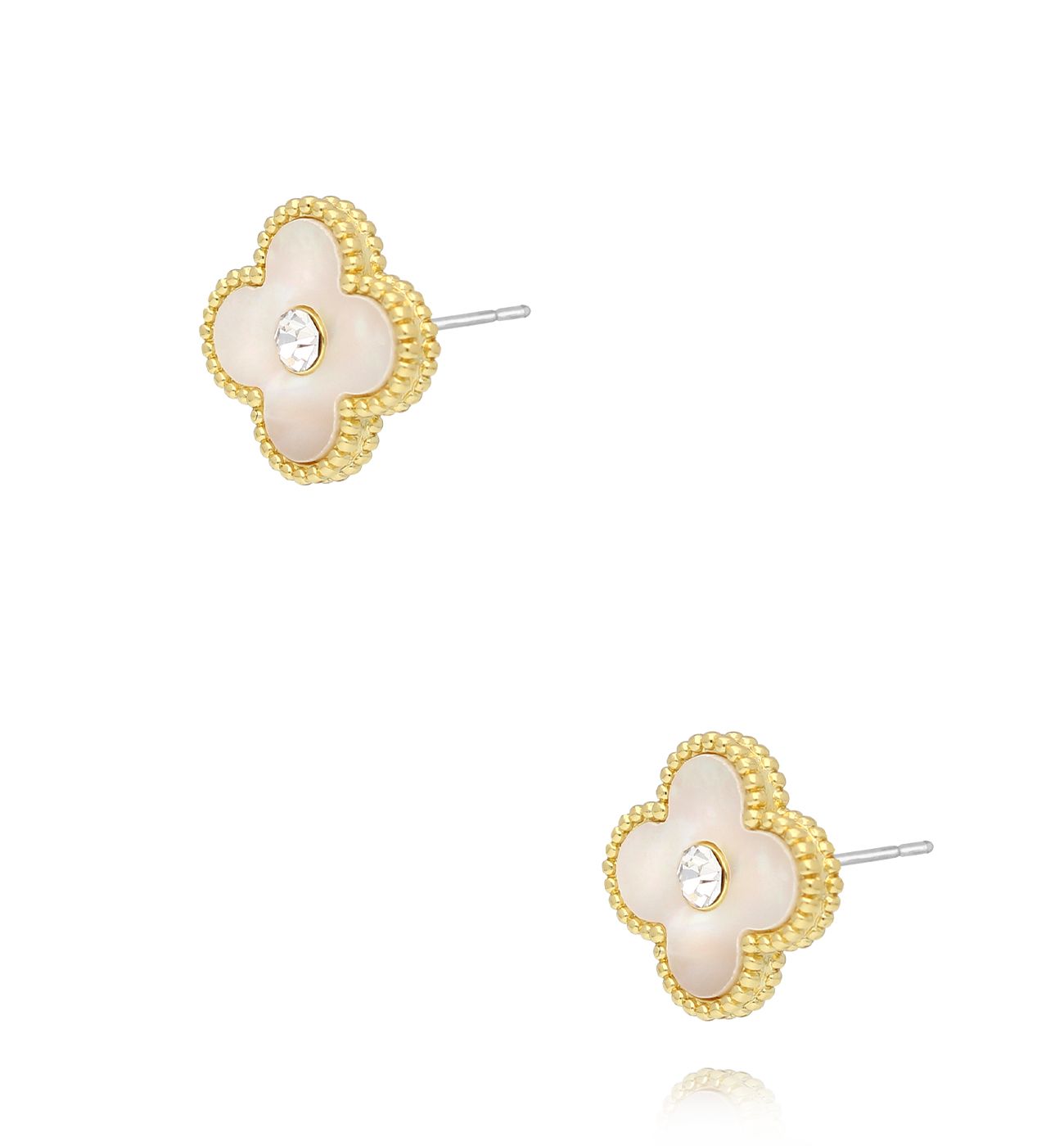 Kolczyki koniczynki złote z kryształkami i masą perłową - By Dziubeka