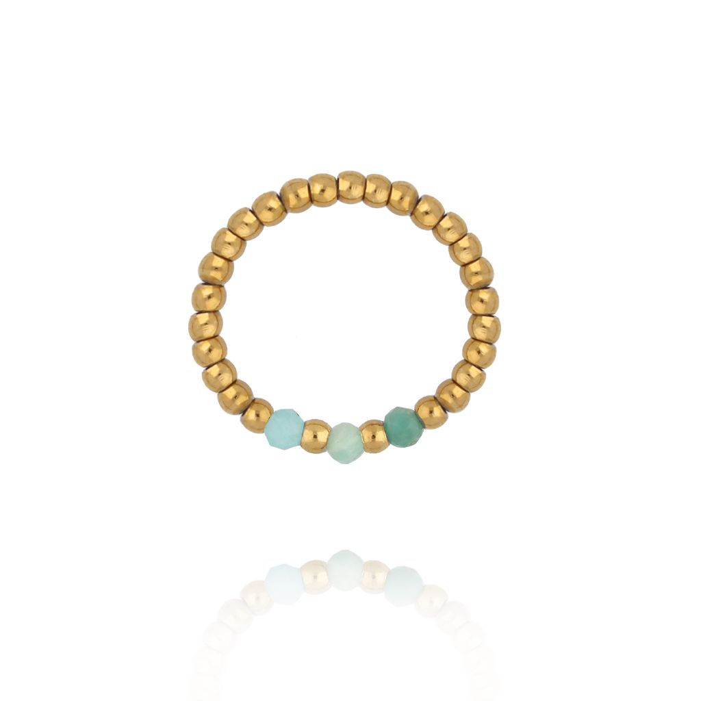 Pierścionek elastyczny ze złotych kuleczek z amazonitem PTW0618