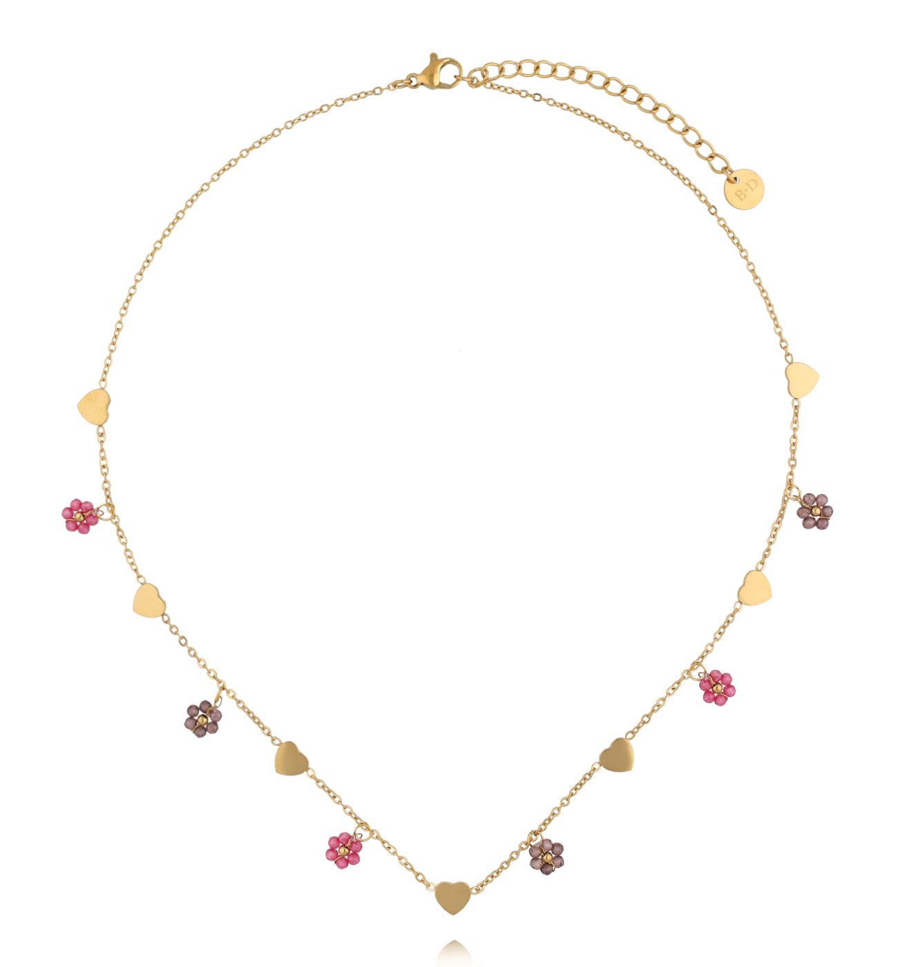 Naszyjnik z serduszkami i kolorowymi kwiatuszkami NTW1615
