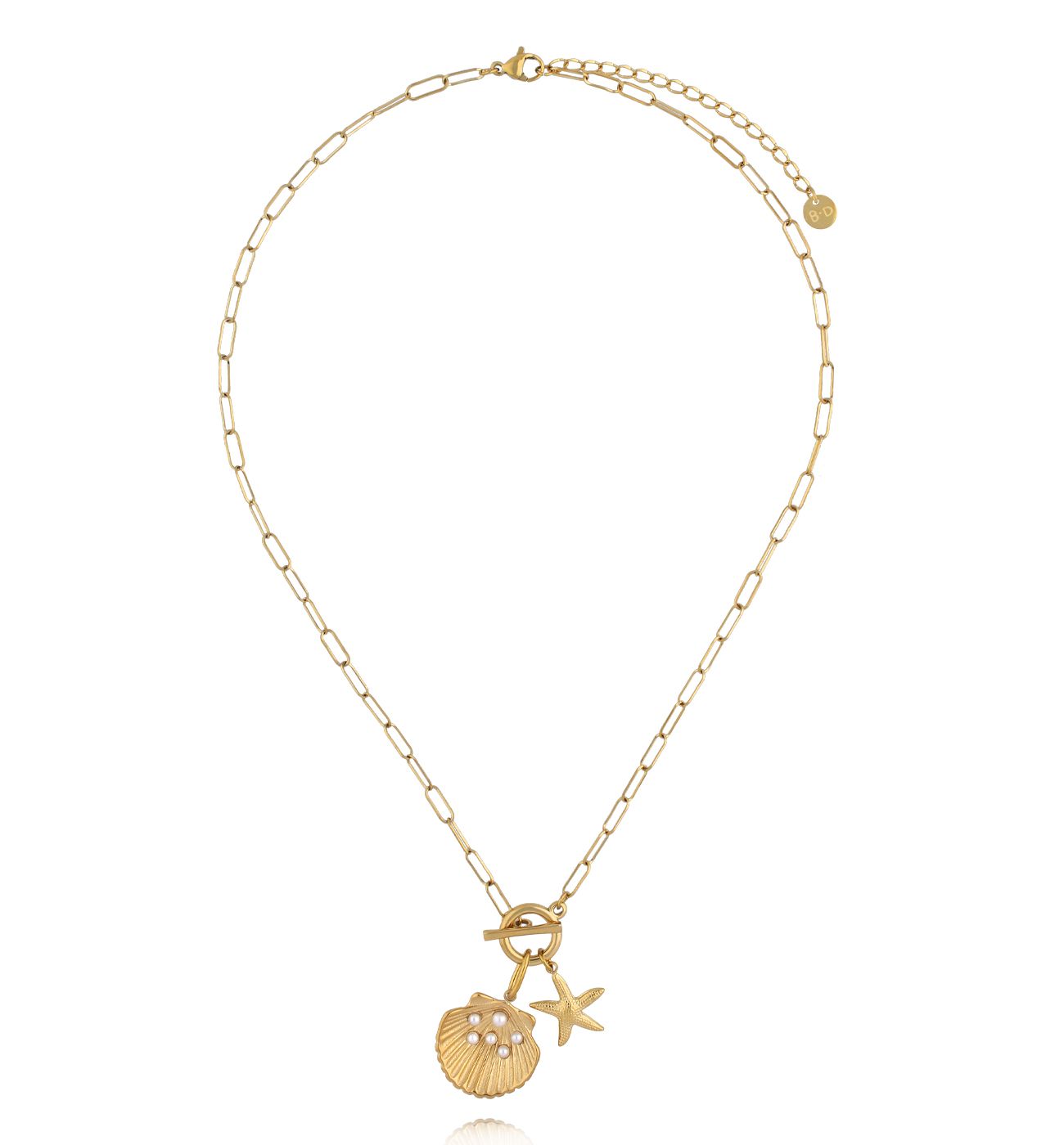 Naszyjnik z muszlą, rozgwiazdą i perełkami na złotym łańcuszku NSY0753