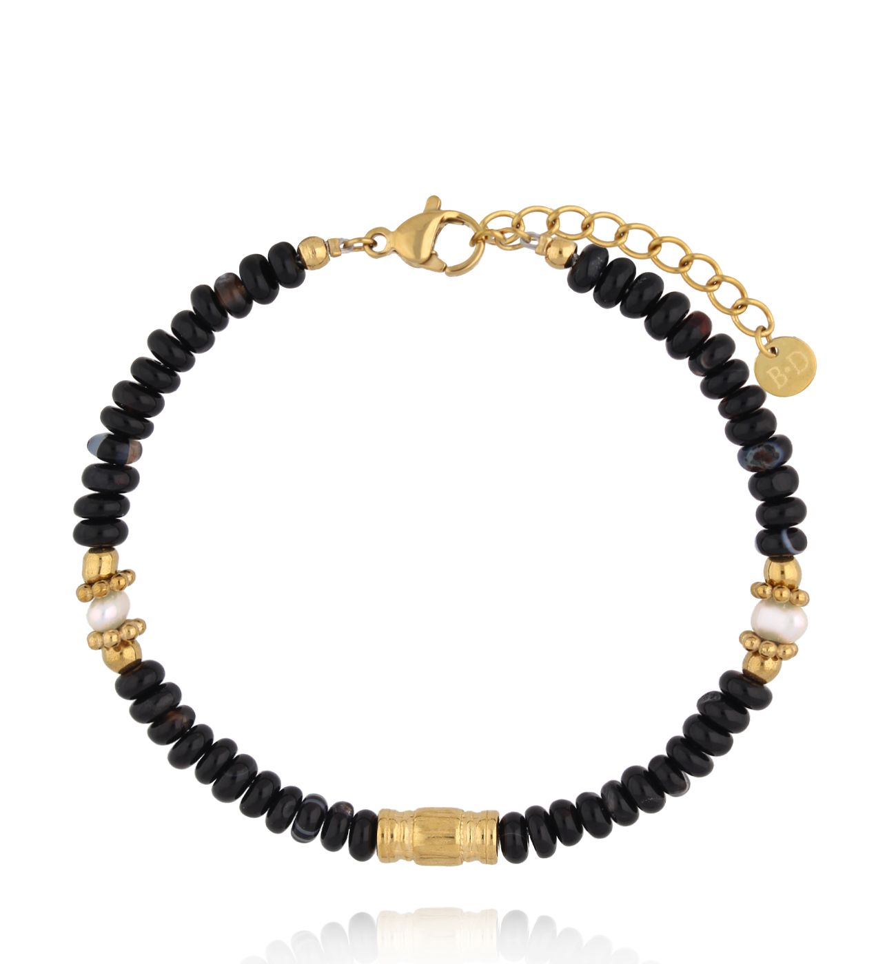 Bransoletka z czarnego agatu i pereł słodkowodnych BEA0086 - By Dziubeka
