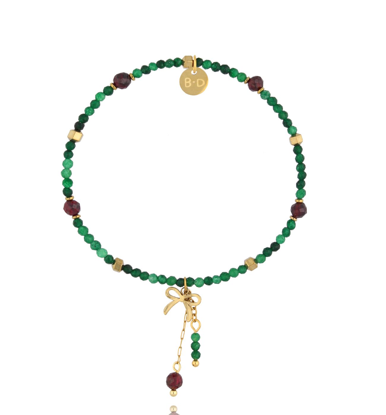 Bransoletka z zielonego jadeitu i granatu z zawieszką kokardki BTW3582