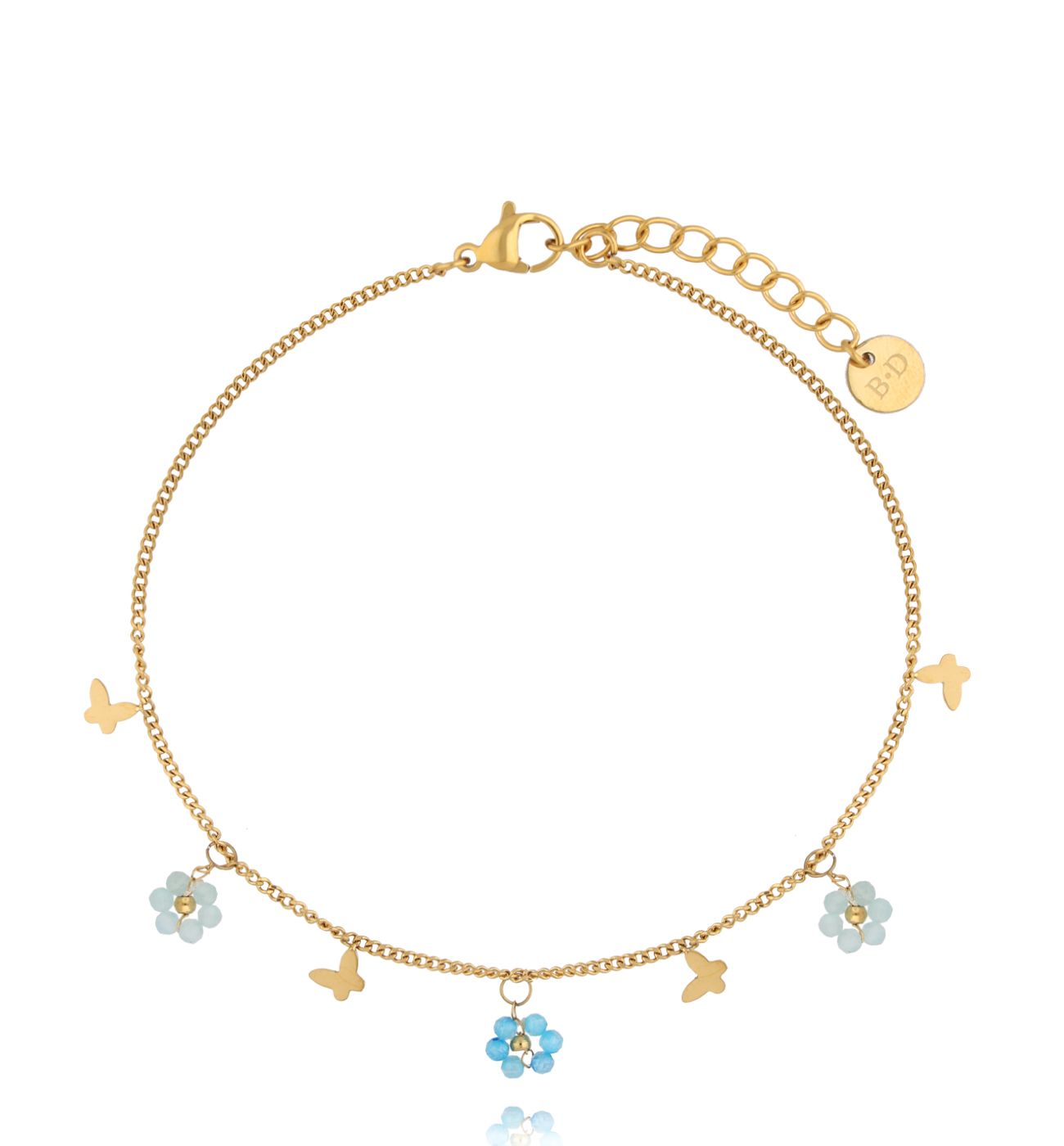 Bransoletka na nogę z motylkami i błękitnymi kwiatami BNTW0108