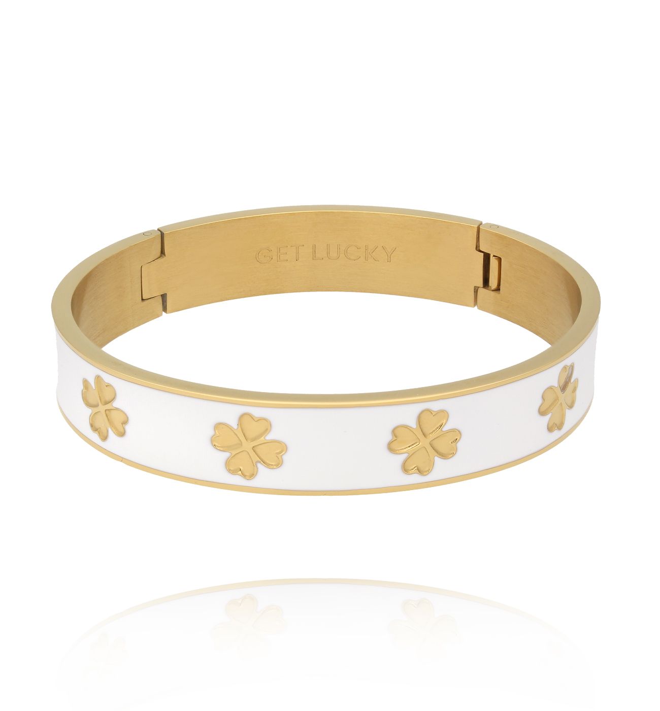 Bransoletka obręcz z koniczynkami emaliowana biała - By Dziubeka