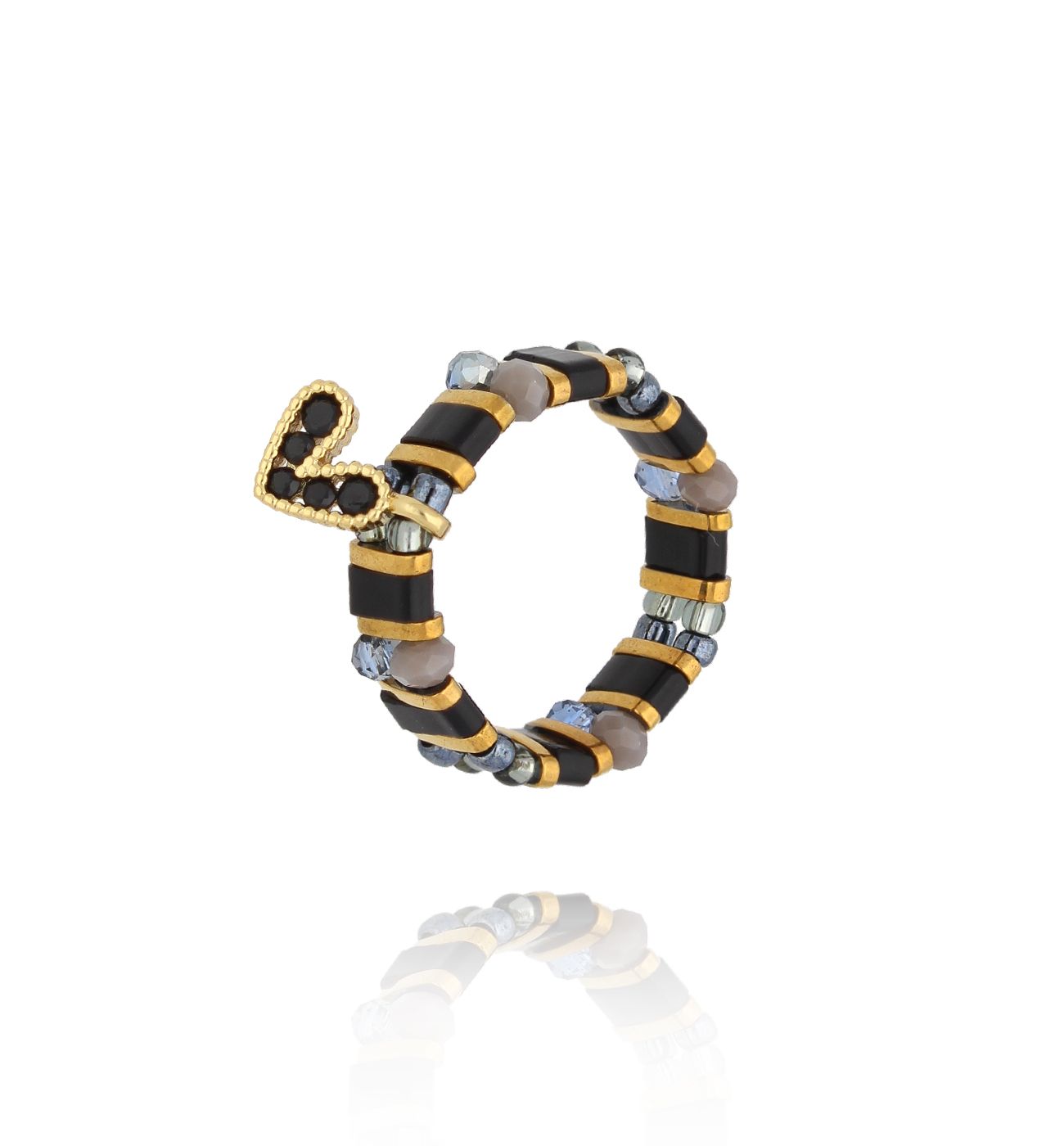 Pierścionek elastyczny z sercem czarny PSC0696 - By Dziubeka