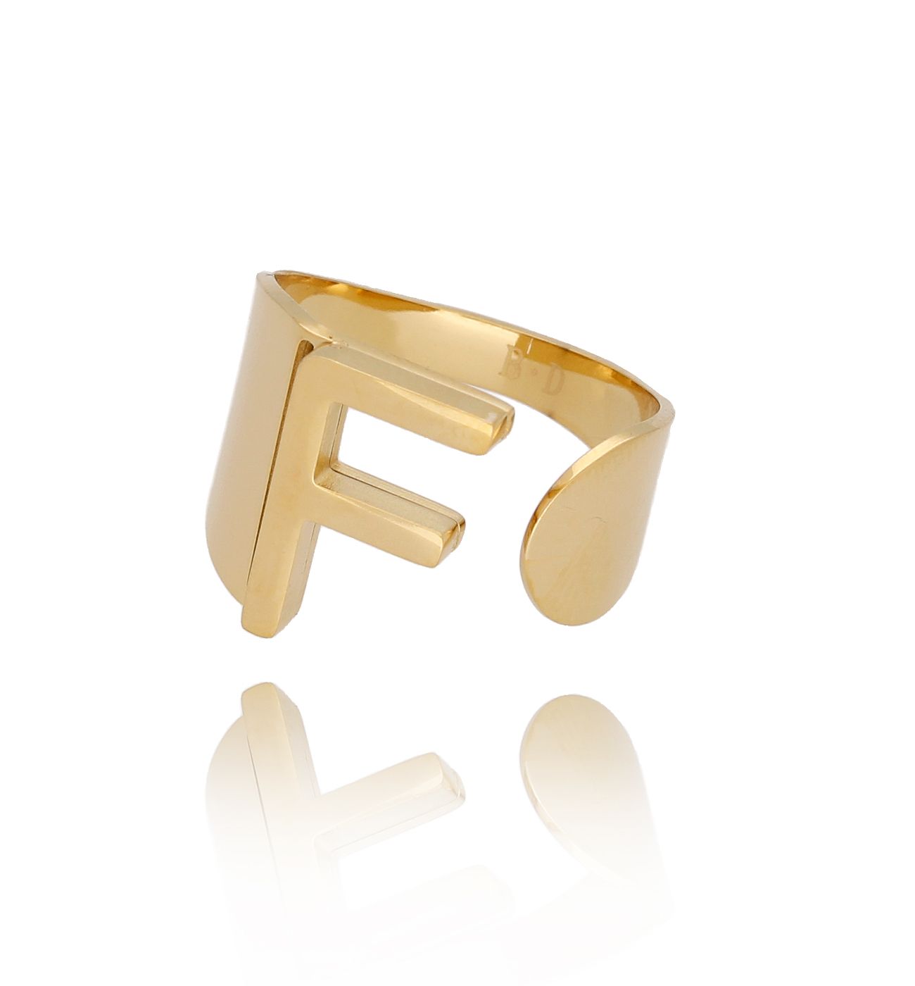 Pierścionek złoty ze stali szlachetnej z literką F - By Dziubeka