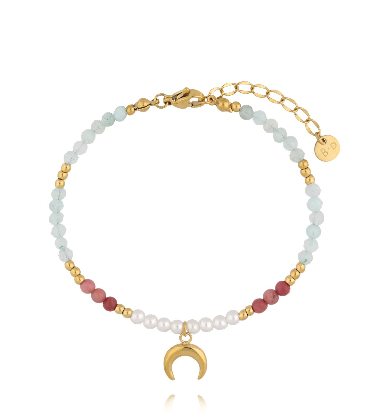 Bransoletka z akwamarynem, rodonitem i perłami z zawieszką księżyca BSY0425 - By Dziubeka