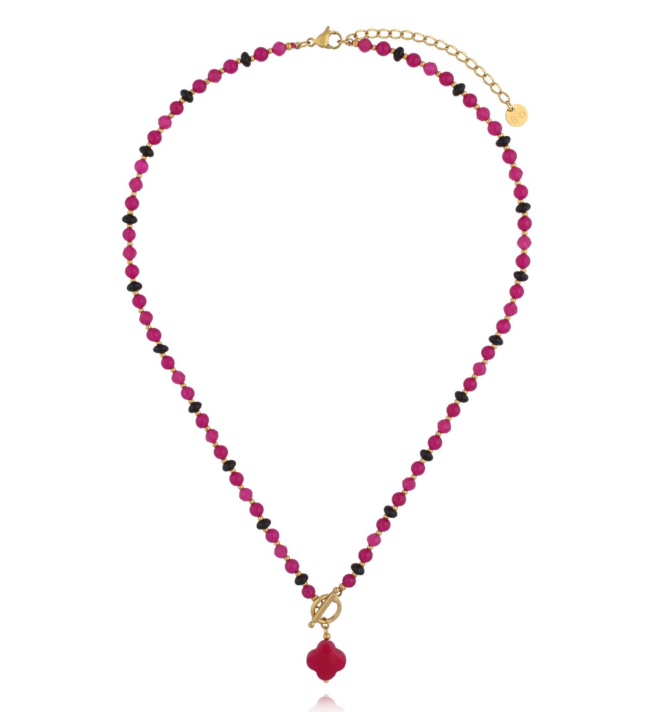 Naszyjnik w odcieniu fuksji i czarnego agatu z zawieszką koniczynki - By Dziubeka