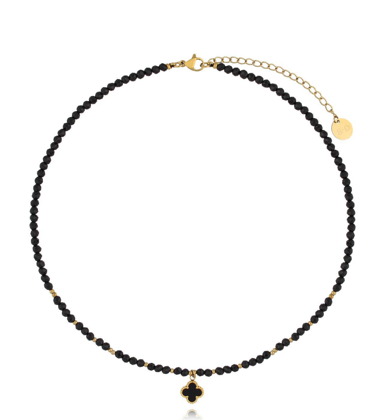 Naszyjnik czarny z turmalinami i koniczynką NTW1331