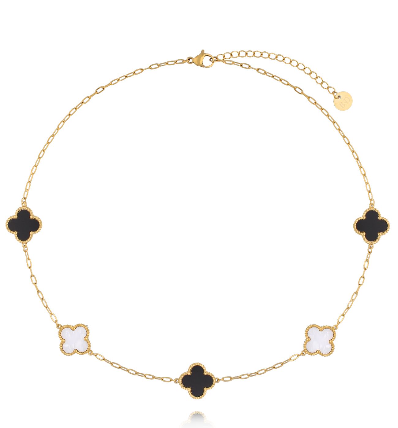 Naszyjnik złoty z czarnymi i białymi koniczynkami NSY0800 - By Dziubeka