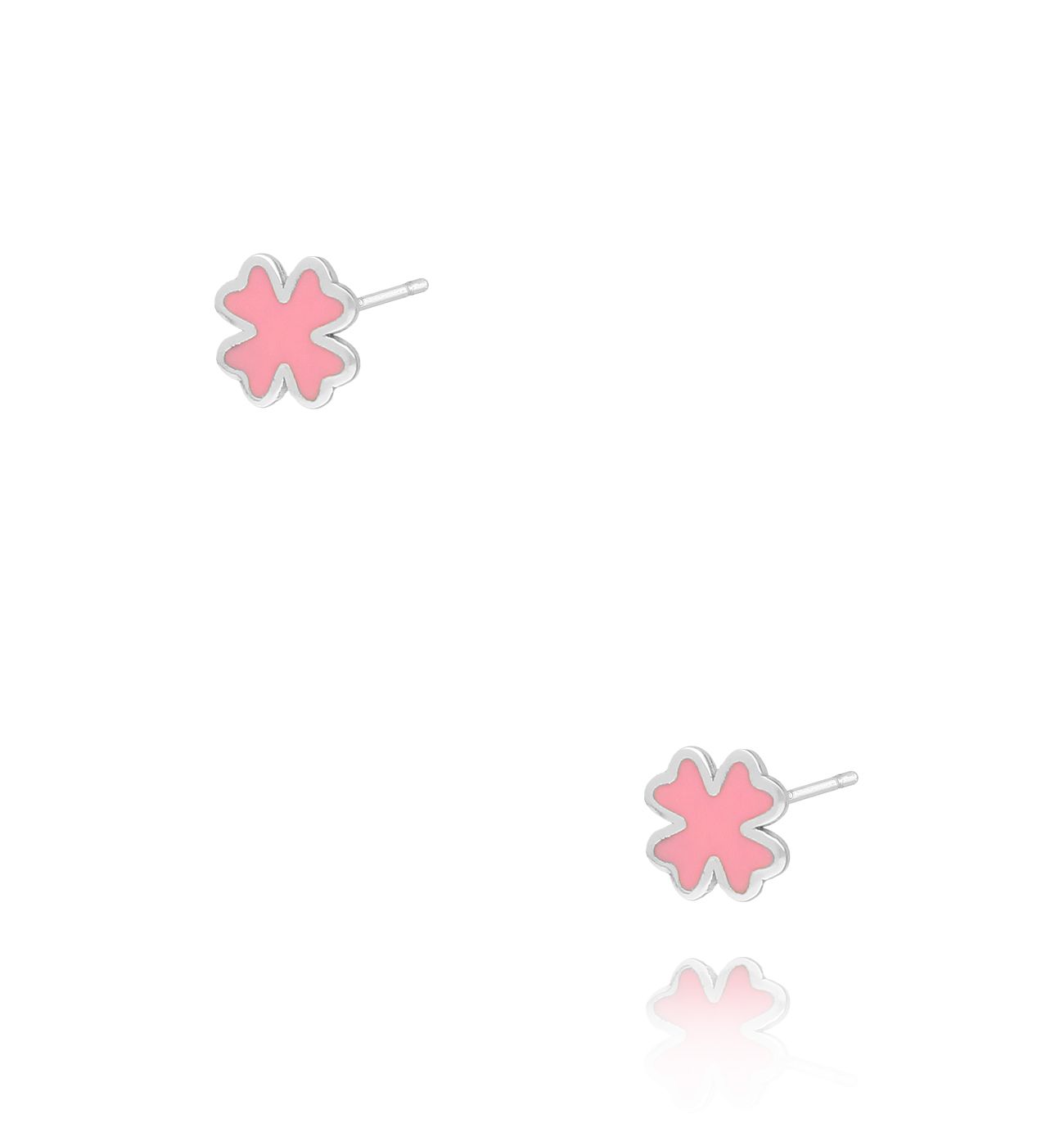 Kolczyki srebrne z koniczynką i różową emalią KCA0019