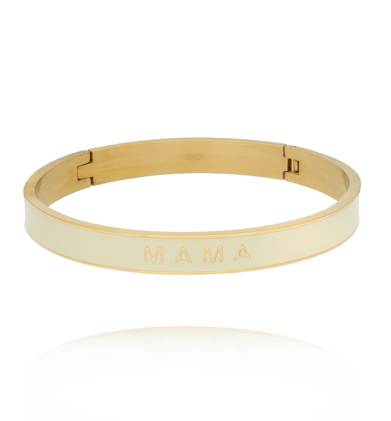 Bransoletka obręcz z kremową emalią i napisem Mama - By Dziubeka
