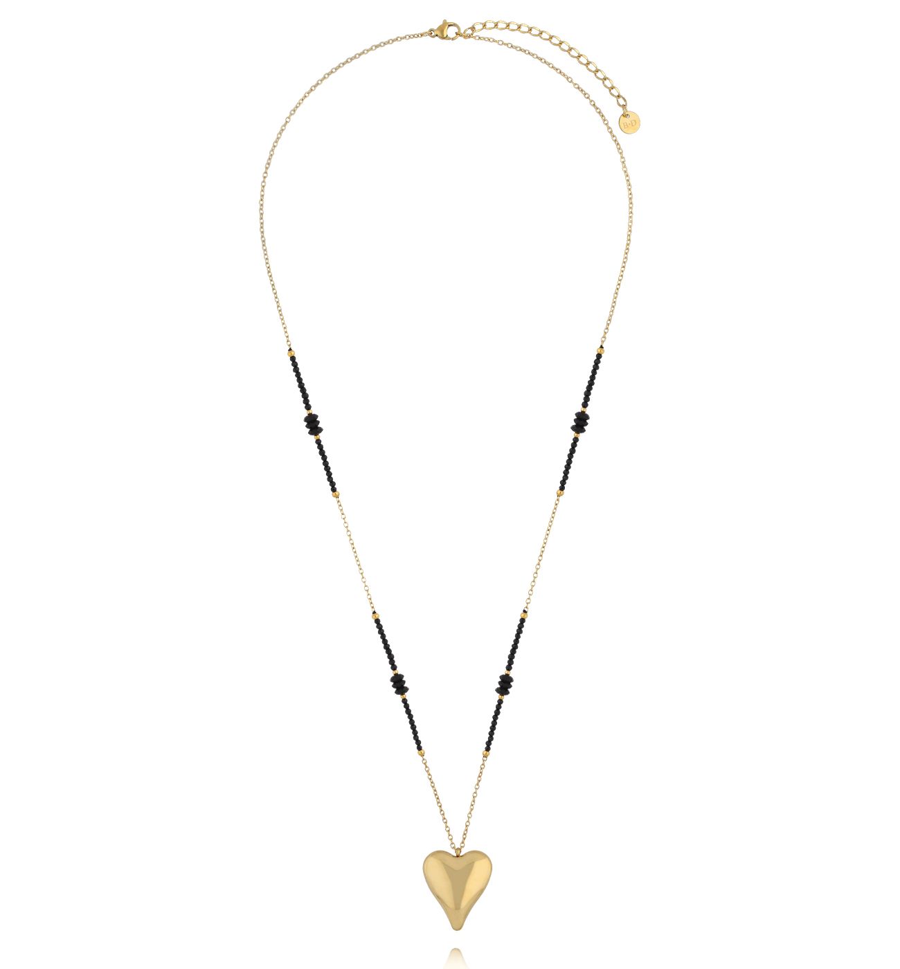 Naszyjnik z czarnego turmalinu i czarnego agatu z pozłacanym sercem - By Dziubeka