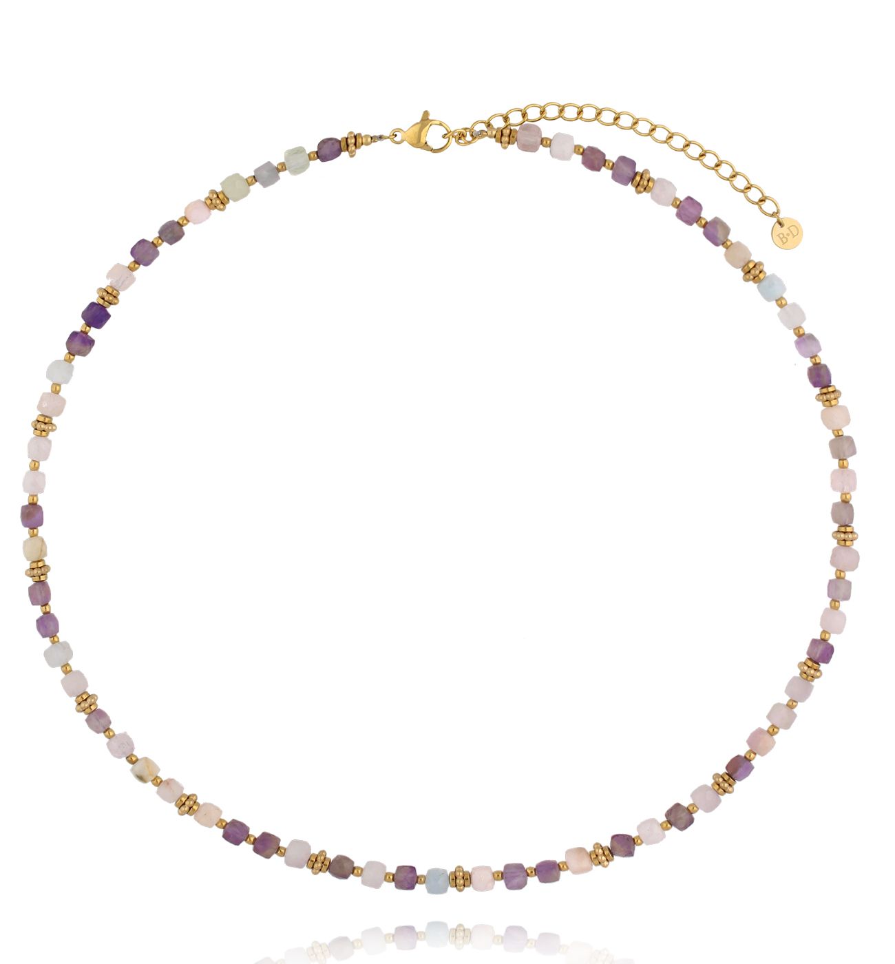 Naszyjnik z kunzytu i ametystu z elementami w złotym wykończeniu NEA0070 - By Dziubeka