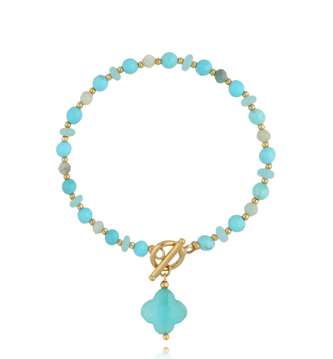 Bransoletka z amazonitami z koniczynką i złotym zapięciem - By Dziubeka