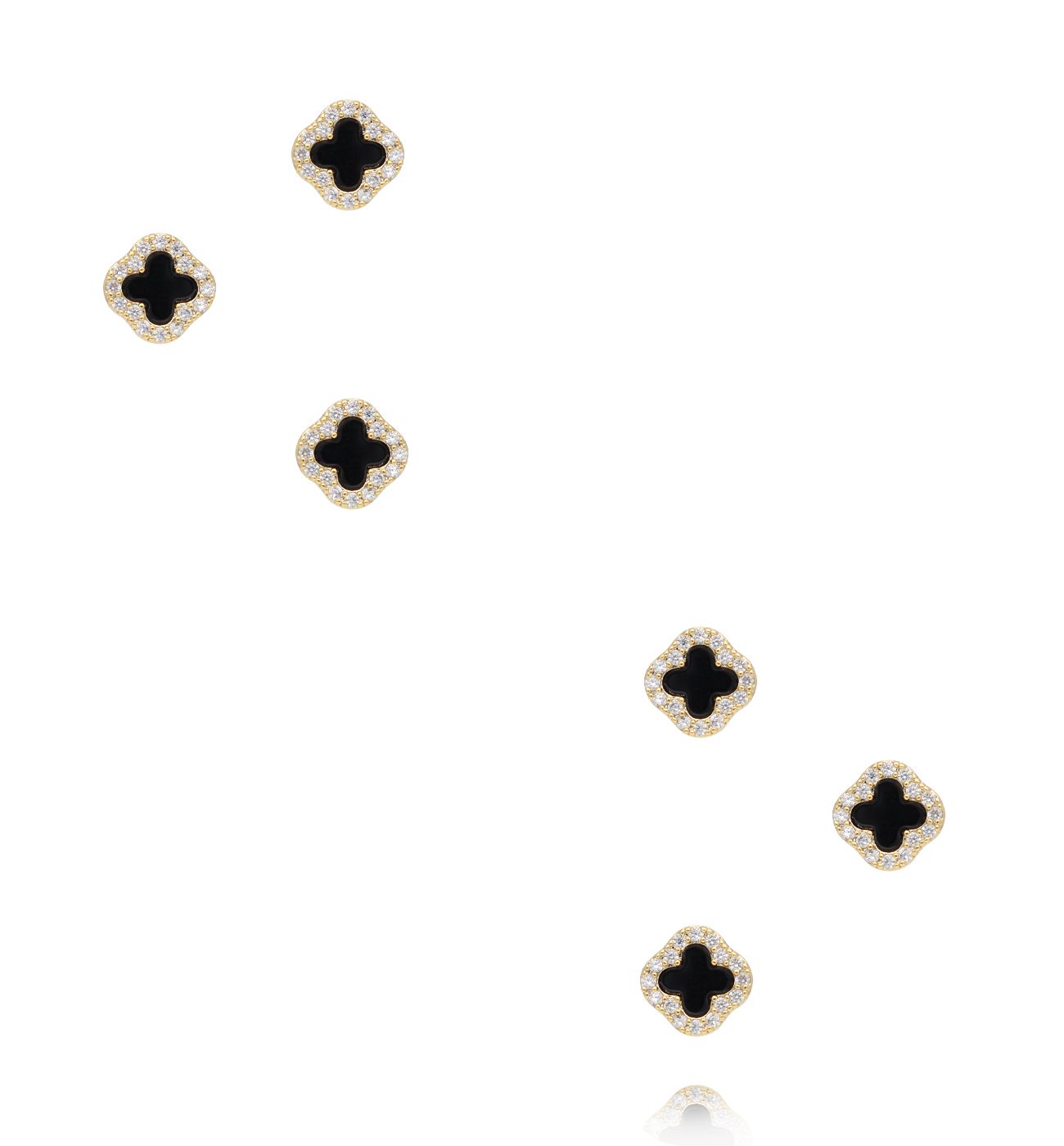 Zestaw złoconych kolczyków czarnych koniczynek z cyrkoniami KMB0040 - By Dziubeka