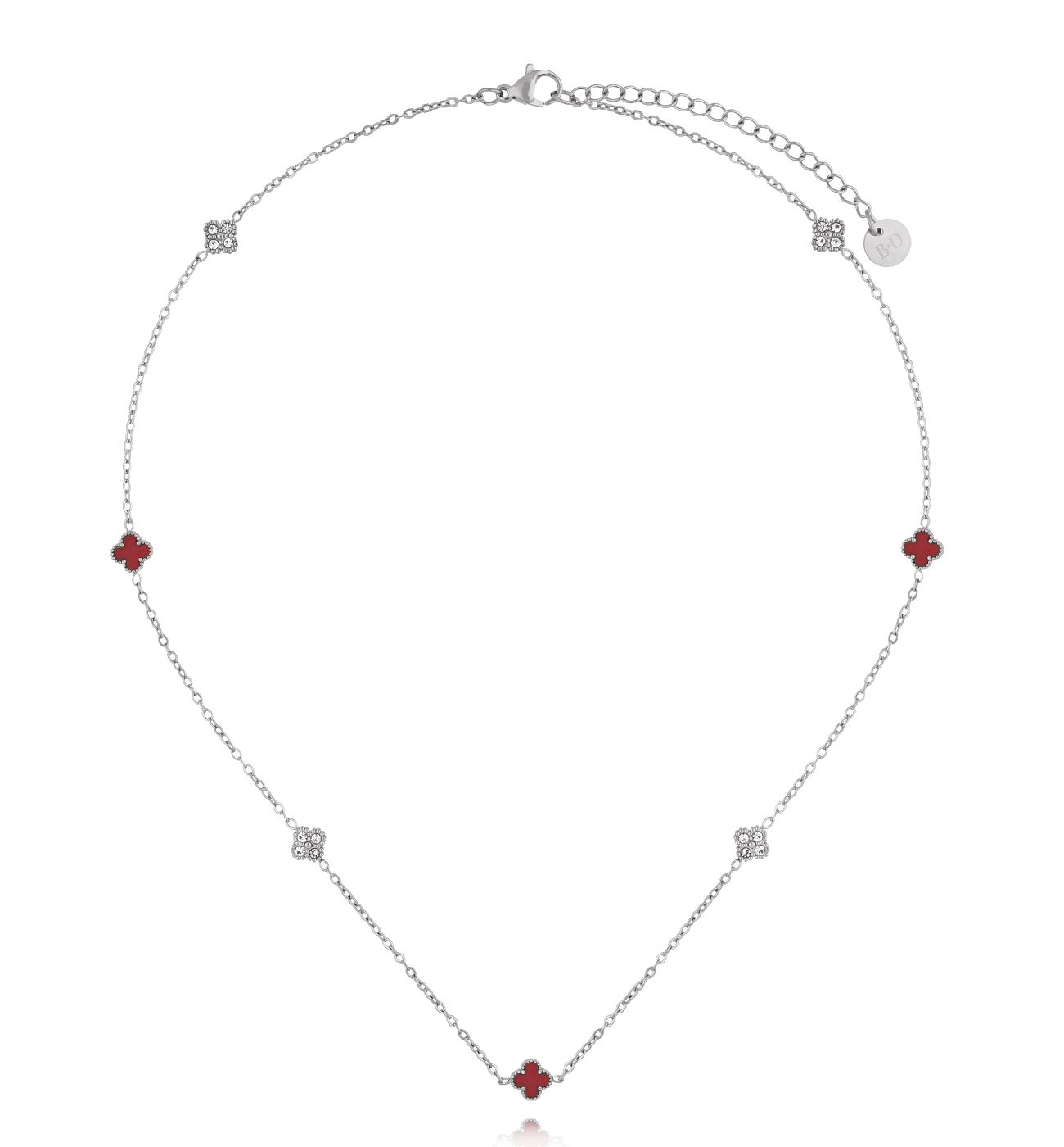 Naszyjnik srebrny z czerwonymi koniczynkami i cyrkoniami NSY0738