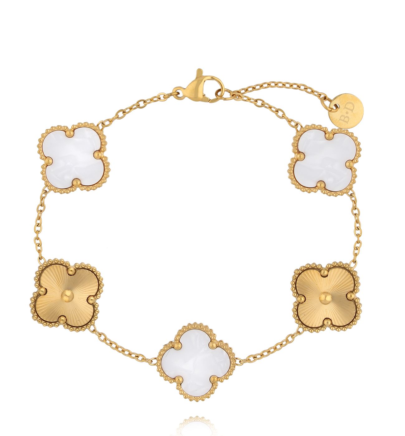 Bransoletka z białymi i złotymi koniczynkami BSY0558 - By Dziubeka