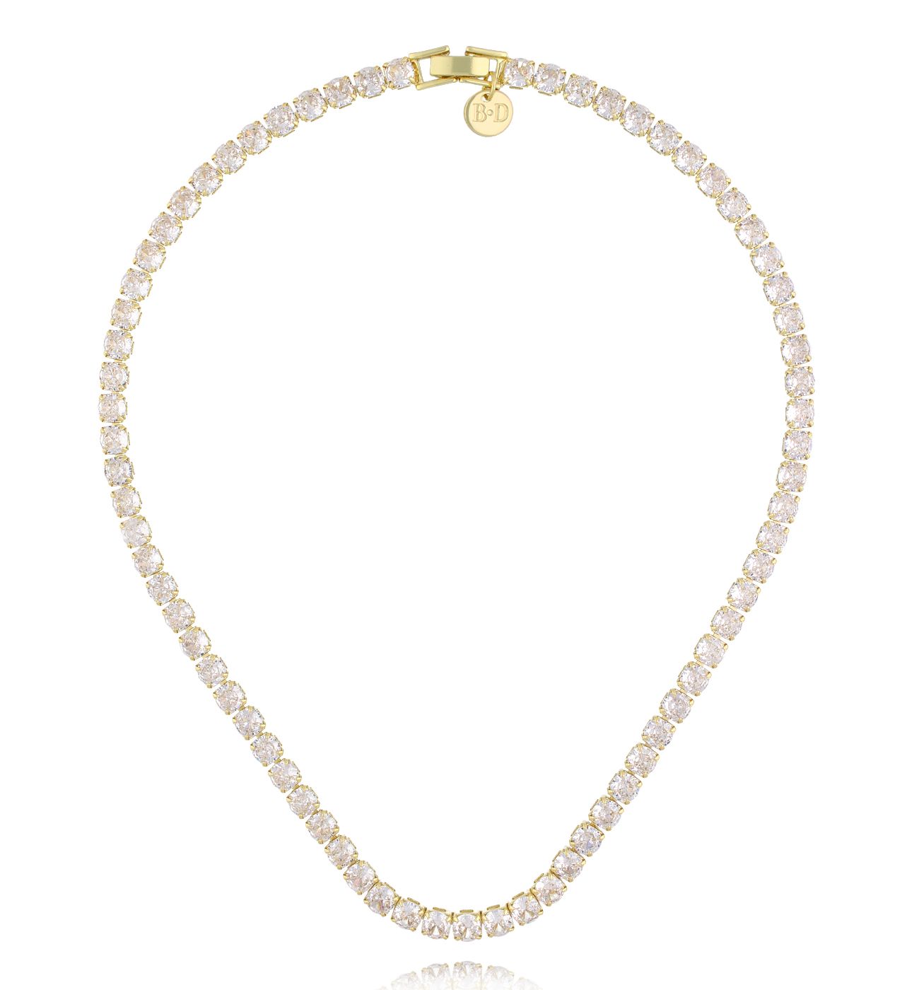 Naszyjnik typu tennis z kwadratowymi kryształkami w złotej oprawie NS0425