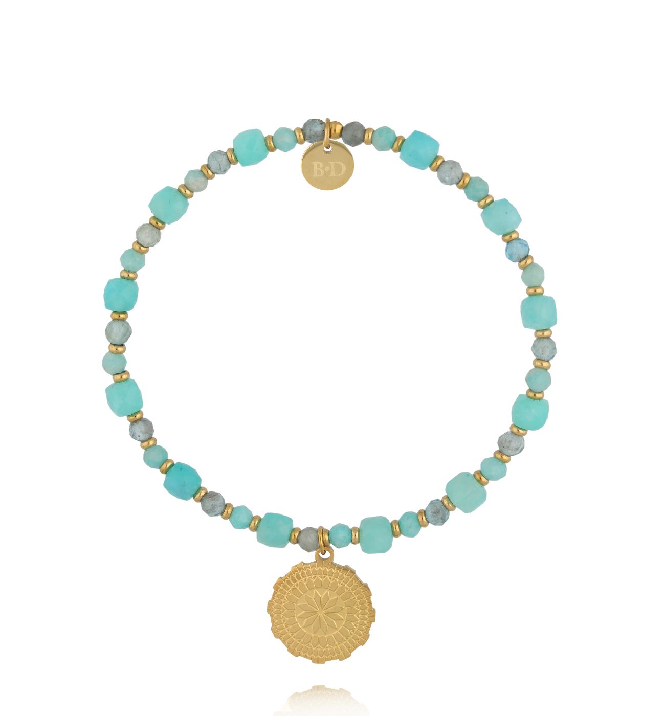 Bransoletka z amazonitem i złotym medalionem mandala - By Dziubeka