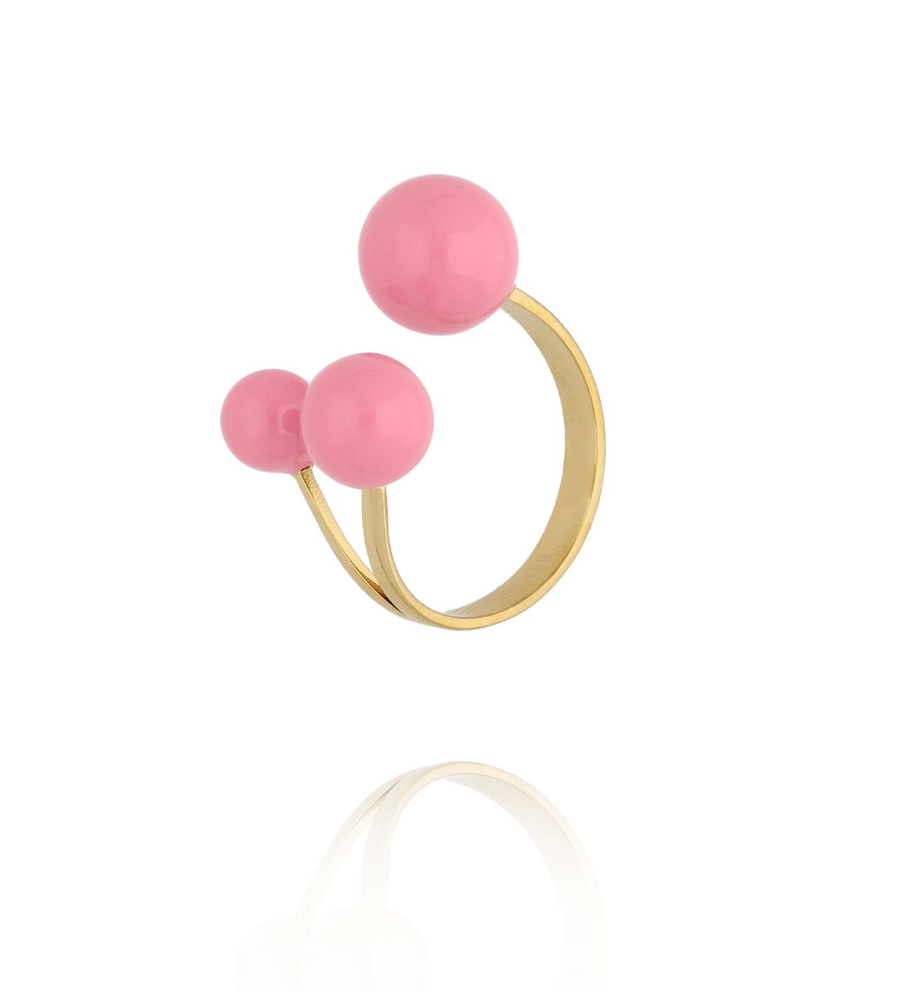 Pierścionek z trzema kulami z różową emalią - By Dziubeka