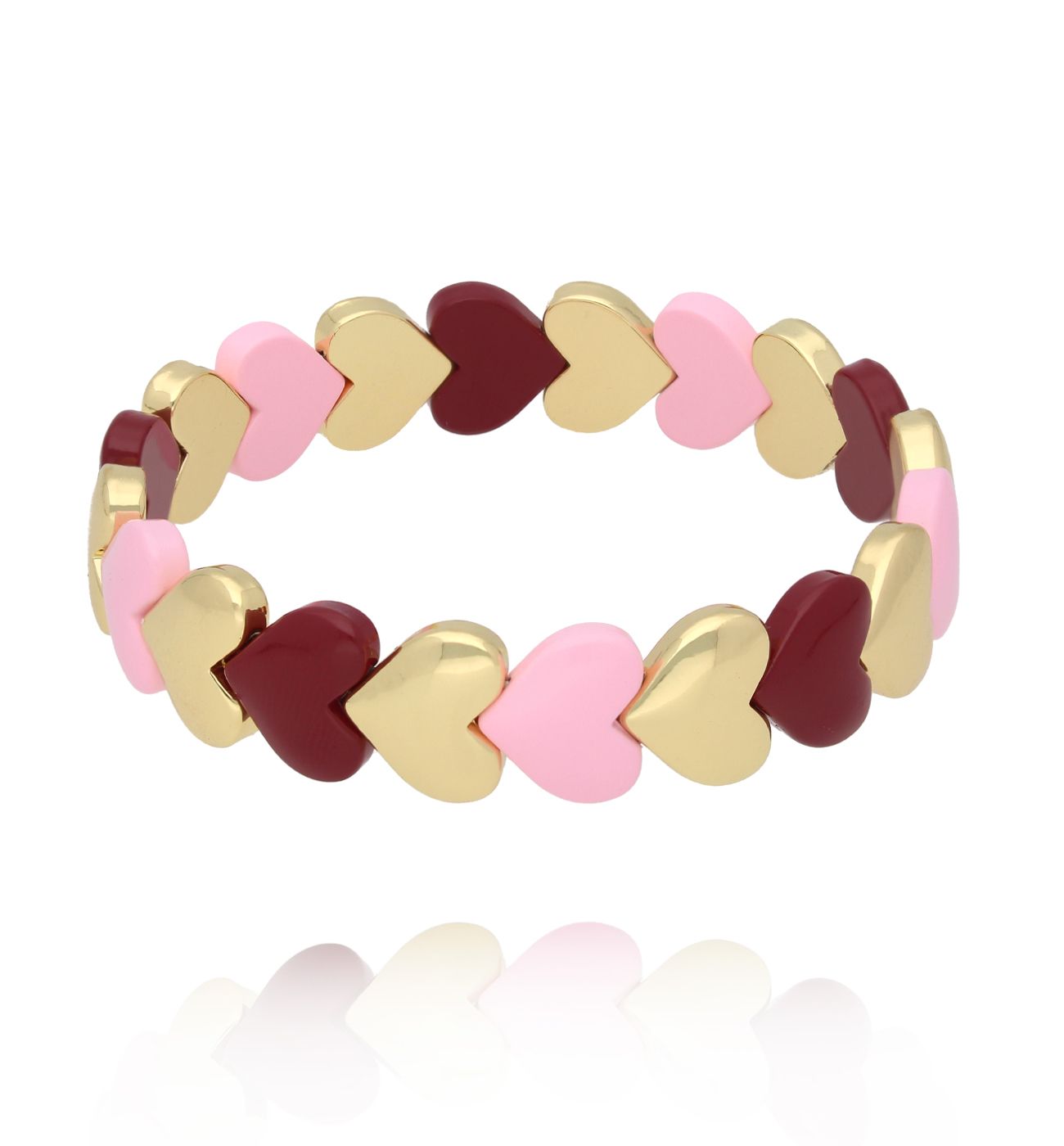Bransoletka elastyczna z serduszkami w odcieniach pudrowego różu, bordo i złota BCR0082 - By Dziubeka