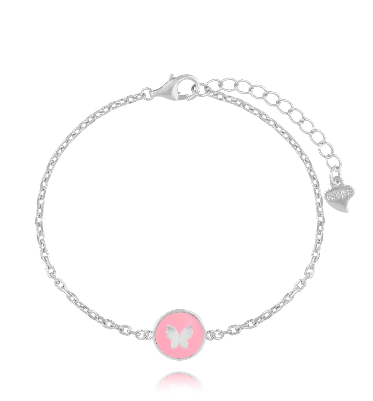 Bransoletka srebrna z motylkiem i różową emalią BCA0001