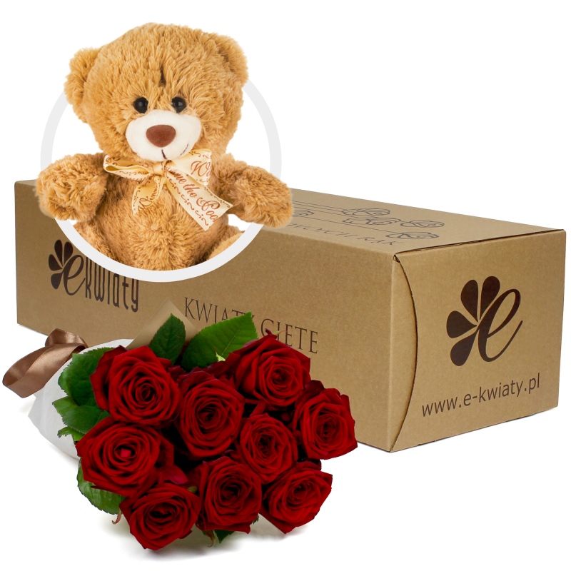 9 czerwonych róż z misiem