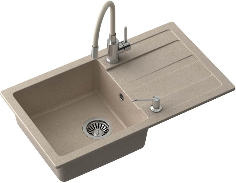 Zlewozmywak granitowy Quadron 77x44 cm beżowy z baterią i dozownikiem stalowym 1 szt.