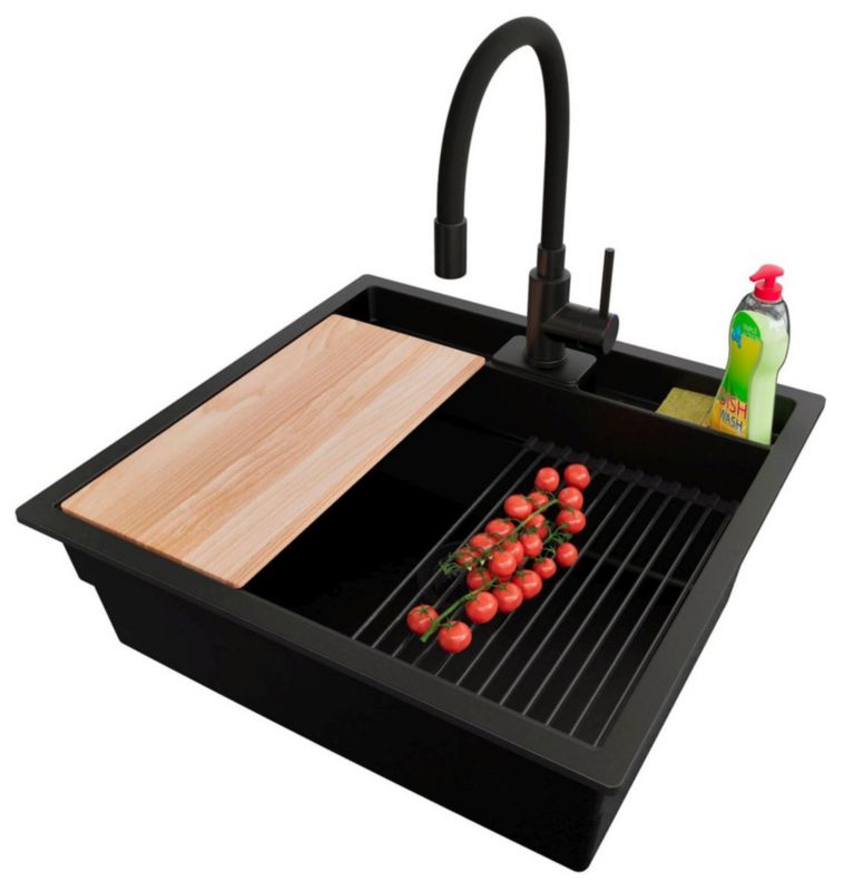 Zlewozmywak Granitowy Bergen Pocket PRIMAGRAN Nablatowy 56x54cm, Cały Czarny + Bateria + Syfon + Akcesorium, , 1 szt.