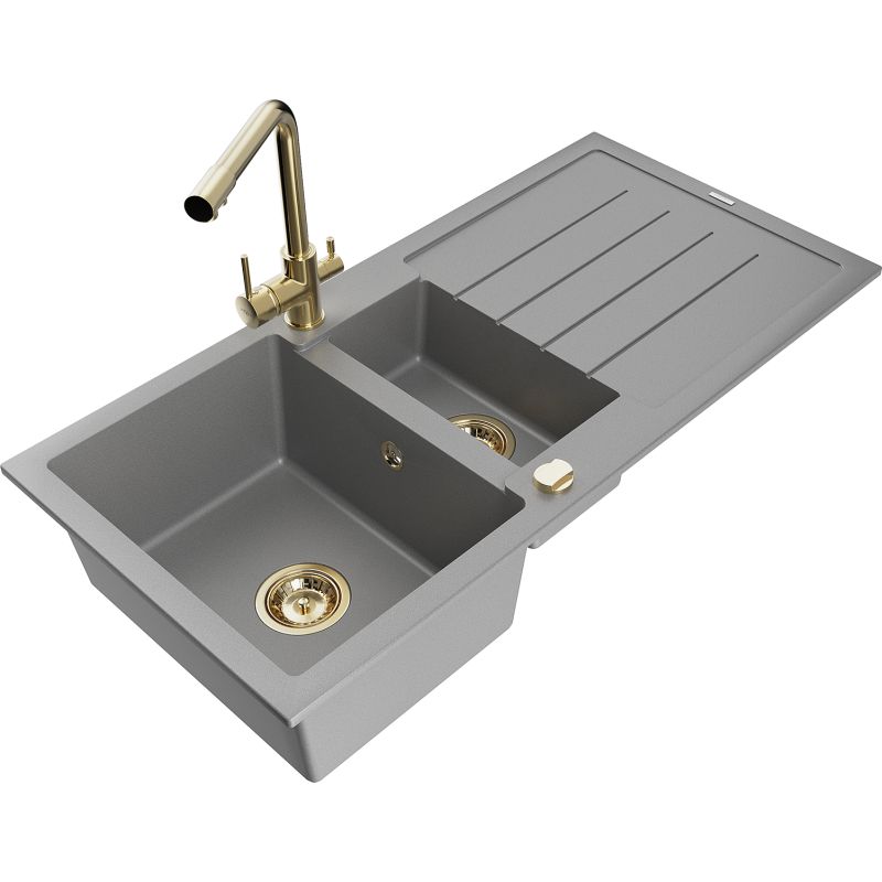 Zlewozmywak granitowy 1.5-komorowy Mexen Andres z ociekaczem i baterią kuchenną Duero szary 6515-71-671600-50